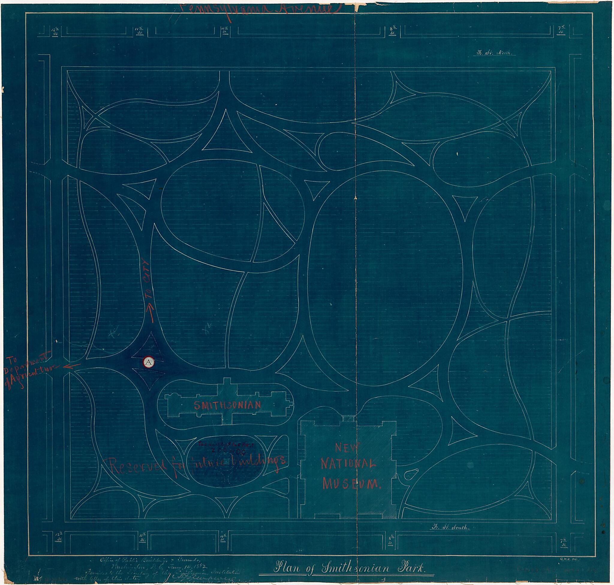 This old map of Plan of Smithsonian Park : part of the Mall, Washington D.C. from 1882 was created by United States. Office of Public Buildings and Grounds in 1882