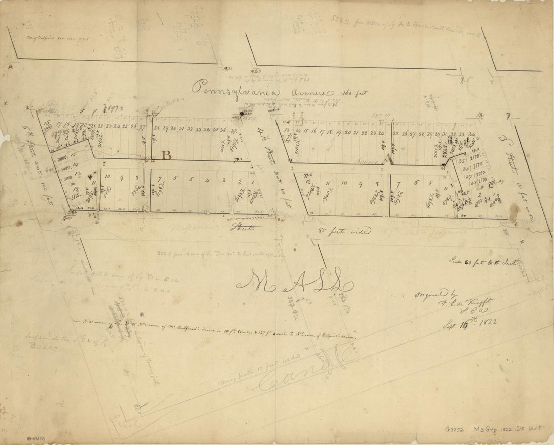 This old map of Cadastral Survey Map of Squares a and B Adjacent to Pennsylvania Avenue, N.W., Washington D.C. : New Part of the Mall from 1822 was created by F. C. De Krafft, District of Columbia. Office of the Surveyor in 1822