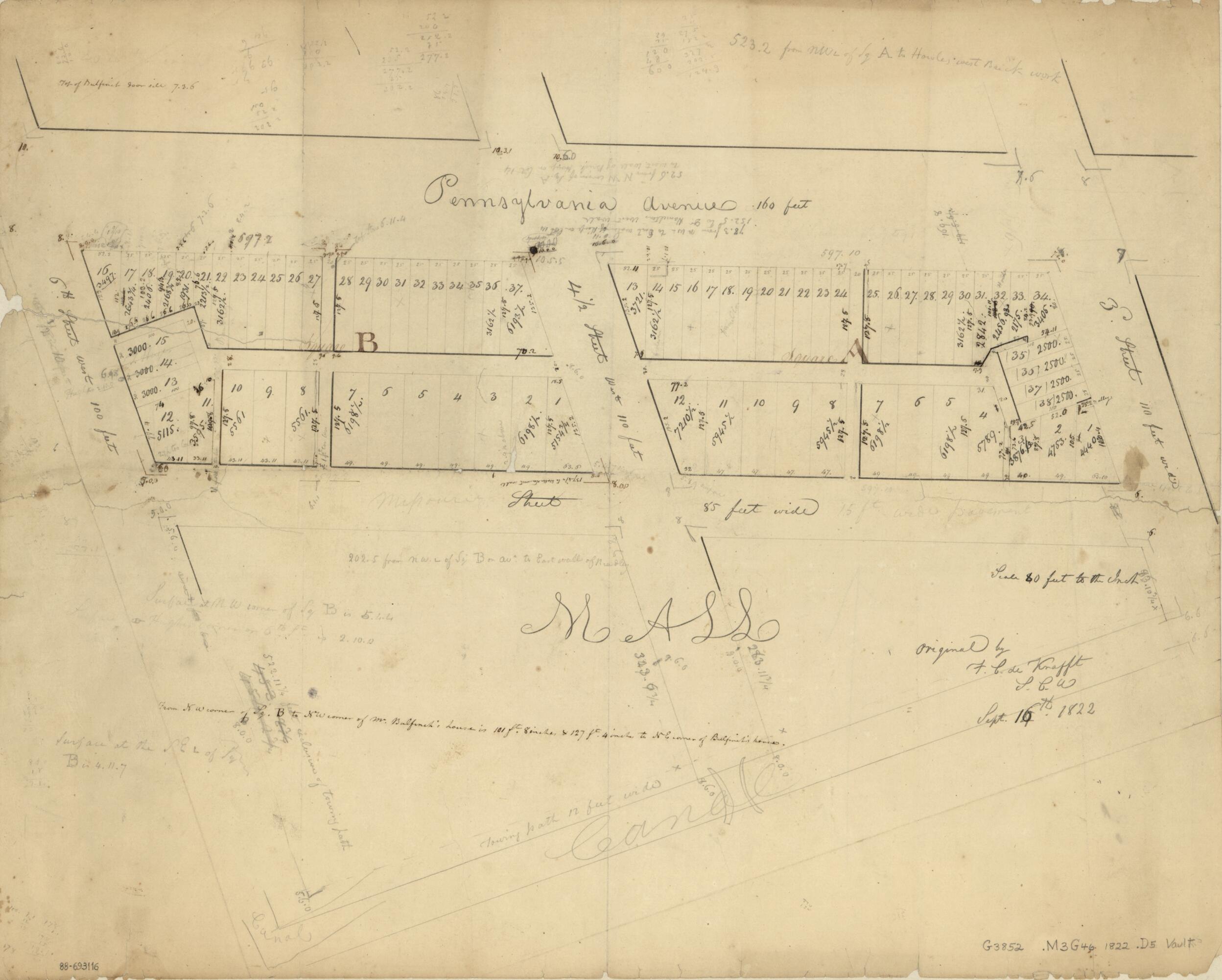 This old map of Cadastral Survey Map of Squares a and B Adjacent to Pennsylvania Avenue, N.W., Washington D.C. : New Part of the Mall from 1822 was created by F. C. De Krafft, District of Columbia. Office of the Surveyor in 1822