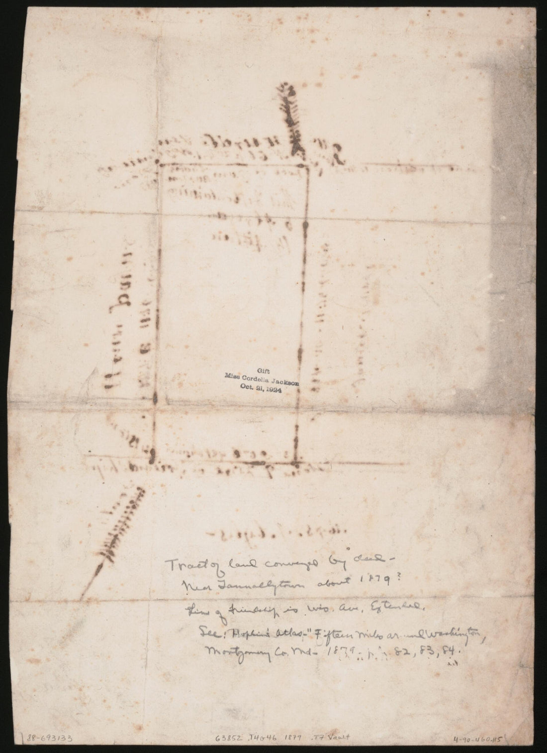 This old map of Tract of Land, Conveyed by Deed of Chas. Paine & Wife, Catherine, to George W. Hurdle, Jr. (deed 592 J.), Near Tennallytown : About from 1879? : Washi was created by in 1879