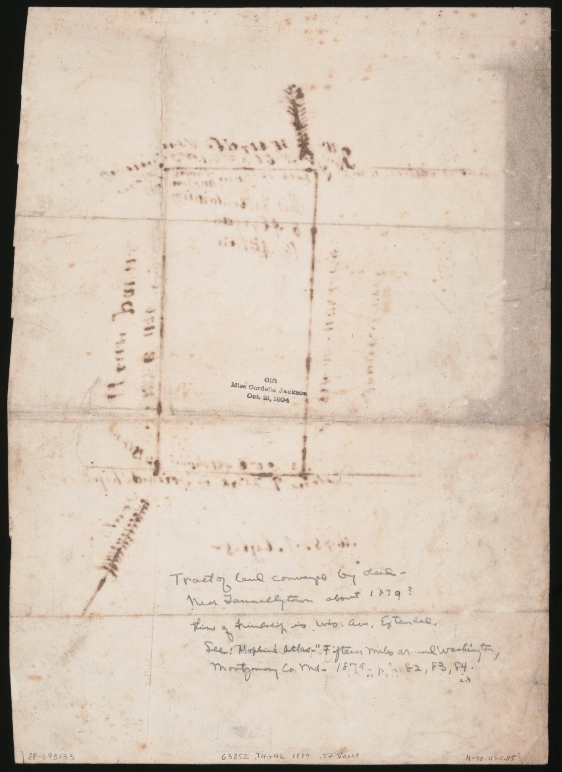 This old map of Tract of Land, Conveyed by Deed of Chas. Paine & Wife, Catherine, to George W. Hurdle, Jr. (deed 592 J.), Near Tennallytown : About from 1879? : Washi was created by in 1879