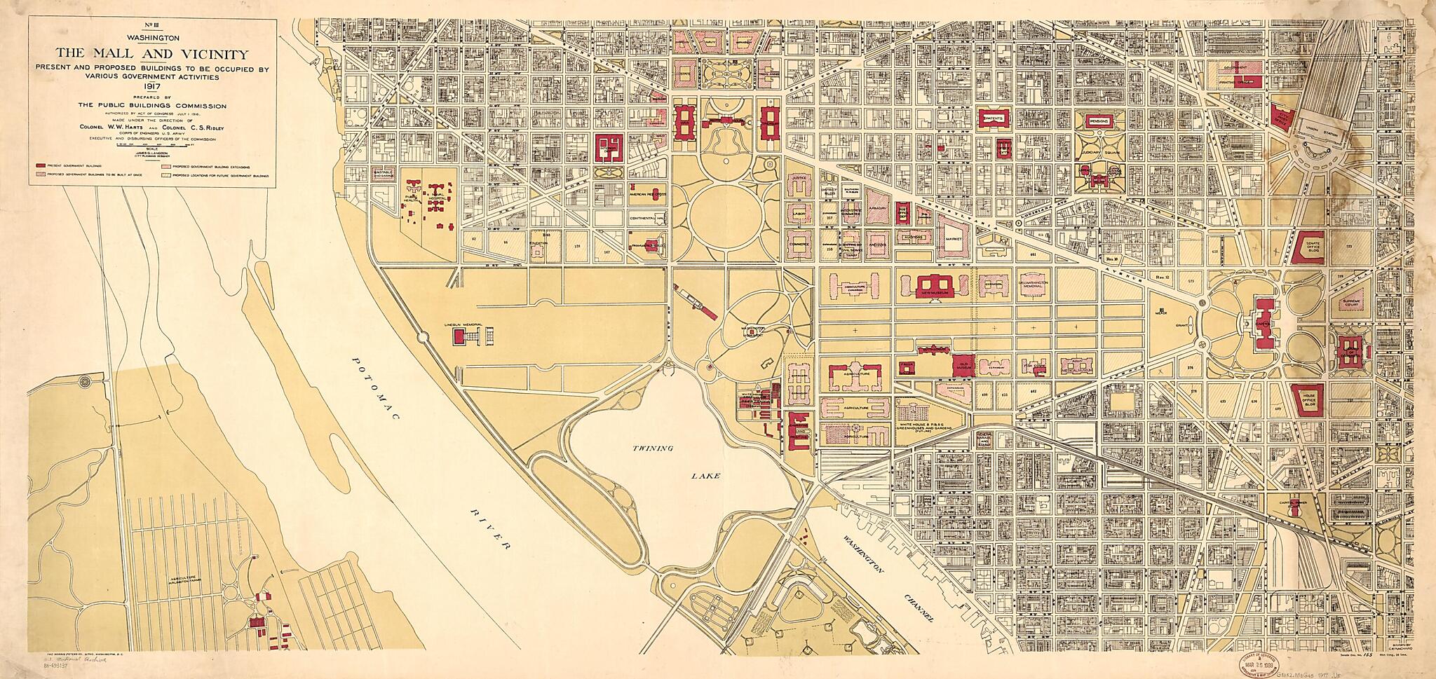 This old map of Washington, the Mall and Vicinity, Present and Proposed Buildings to Be Occupied by Various Government Activities : from 1917 was created by W. W. (William Wright) Harts, James G. Langdon, C. P. Punchard, C. S. (Clarence Self) Ridley, Un