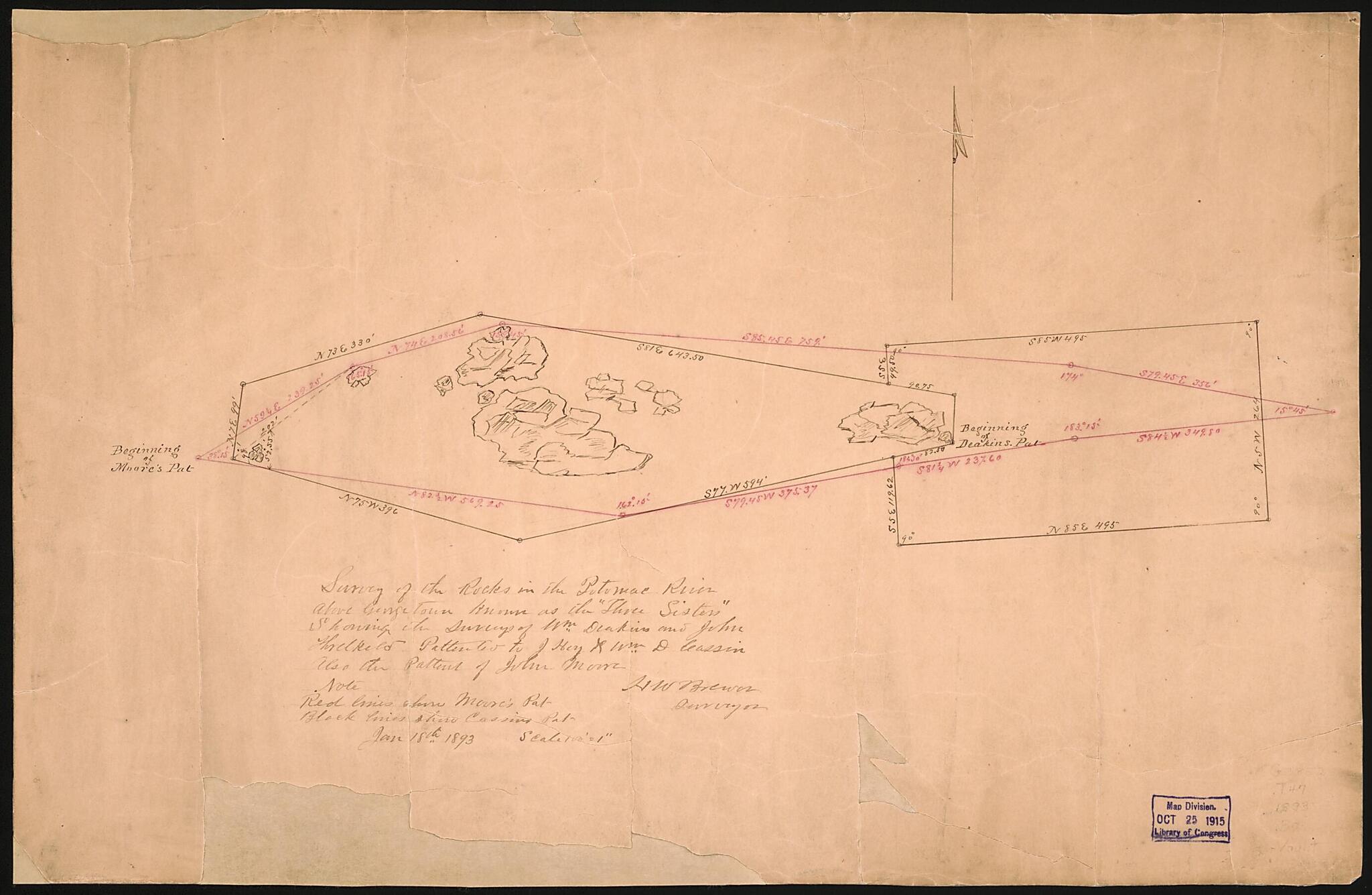 This old map of Survey of the Rocks In the Potomac River Above Georgetown Known As the Three Sisters : Showing the Surveys of Wm. Deakins and John Threlkeld, Pattented to J. Hoy & Wm. D. Cassin, Also the Pattent of John Moore from 1893 was created by H.