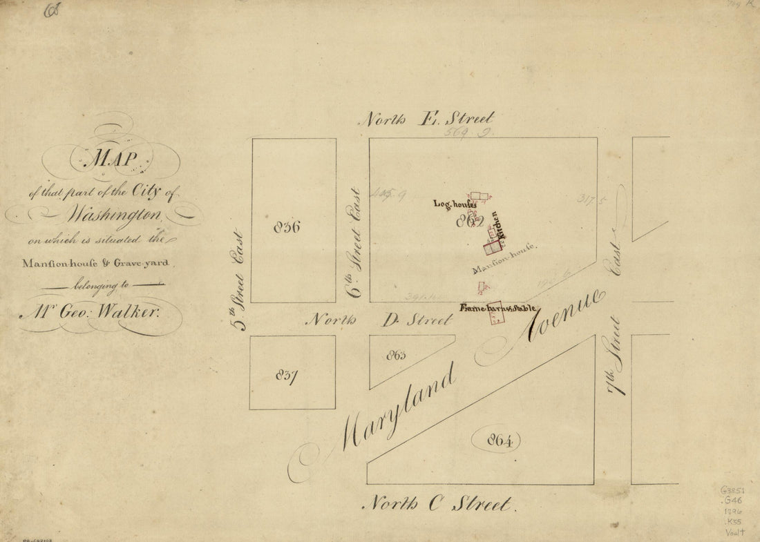 This old map of House & Grave-yard Belonging to Mr. Geo. Walker from 1796 was created by N. (Nicholas) King in 1796