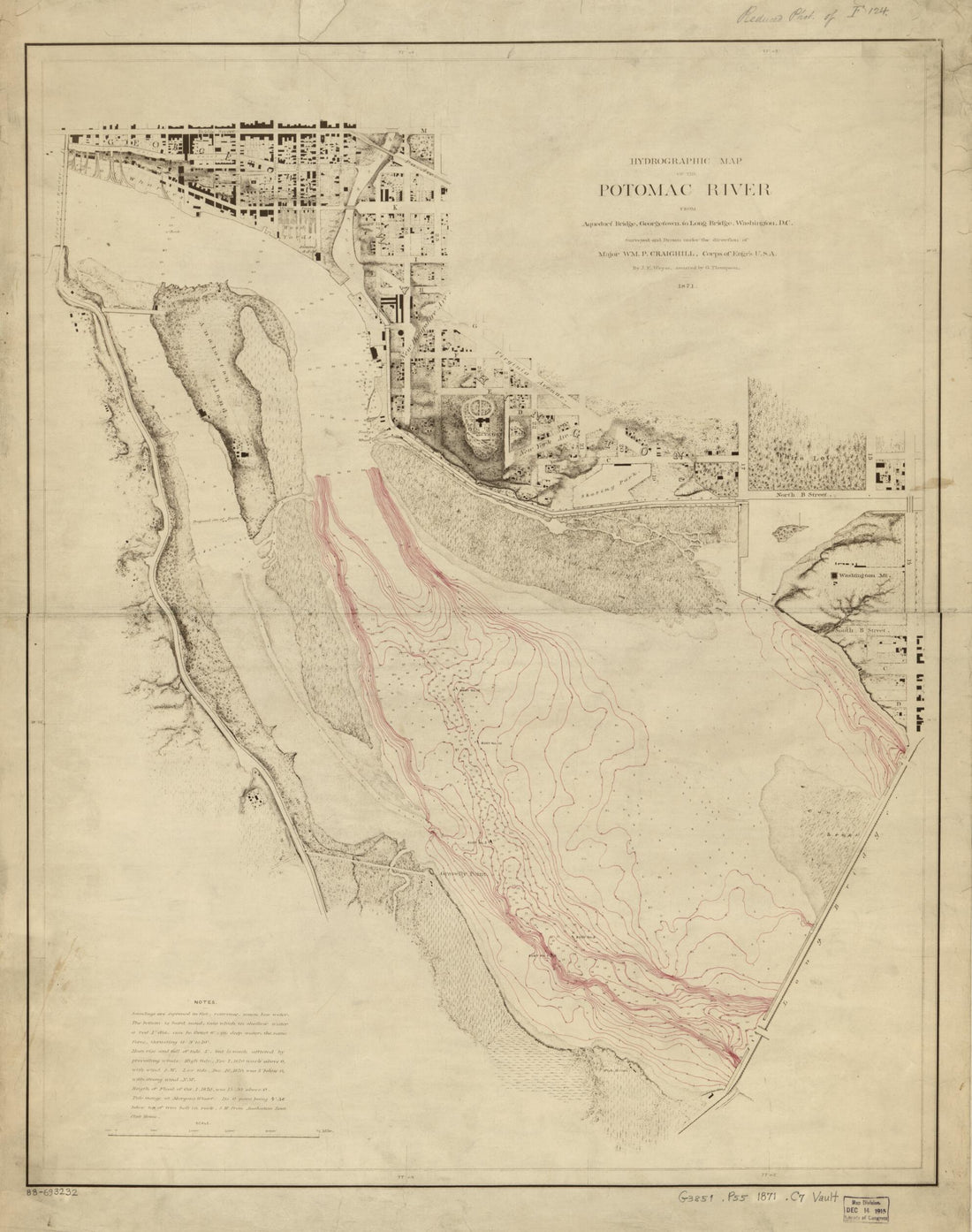This old map of Hydrographic Map of the Potomac River from Aqueduct Bridge, Georgetown, to Long Bridge, Washington, D.C from 1871 was created by Wm. P. (William Price) Craighill, G. (Gilbert) Thompson, United States. Army. Corps of Engineers, J. E. Weys