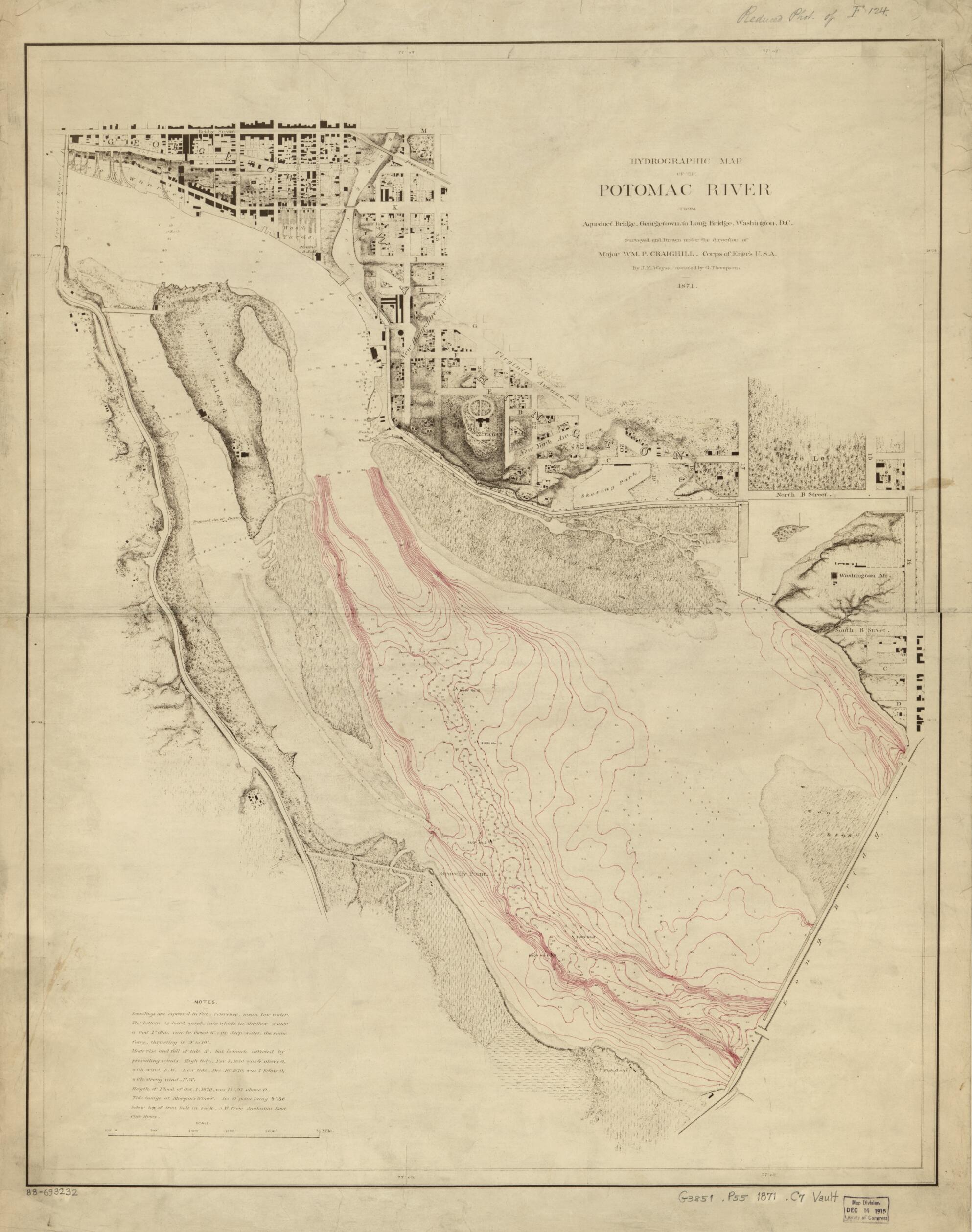 This old map of Hydrographic Map of the Potomac River from Aqueduct Bridge, Georgetown, to Long Bridge, Washington, D.C from 1871 was created by Wm. P. (William Price) Craighill, G. (Gilbert) Thompson, United States. Army. Corps of Engineers, J. E. Weys
