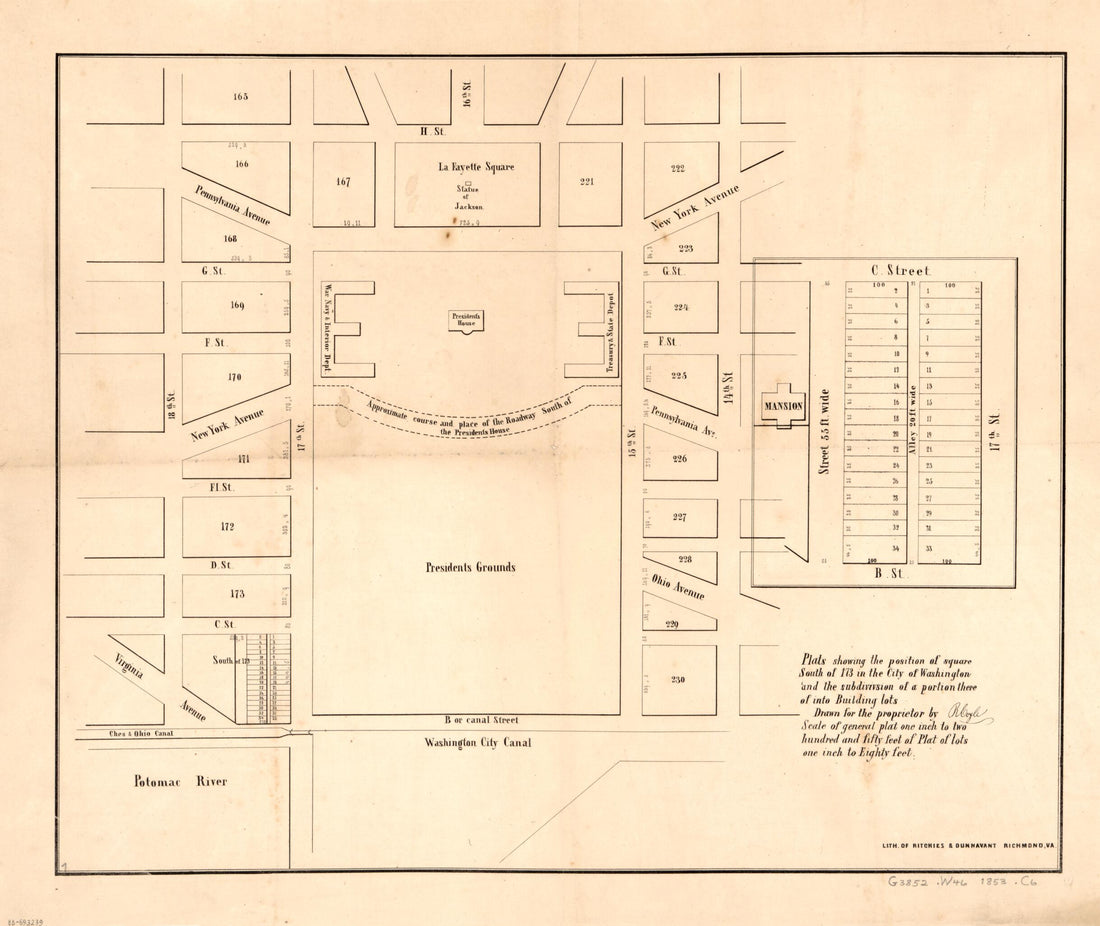 This old map of Plats Showing the Position of Square South of 173 In the City of Washington and the Subdivision of a Portion There of Into Building Lots from 1853 was created by Randolph Coyle, Ritchies & Dunnavant in 1853