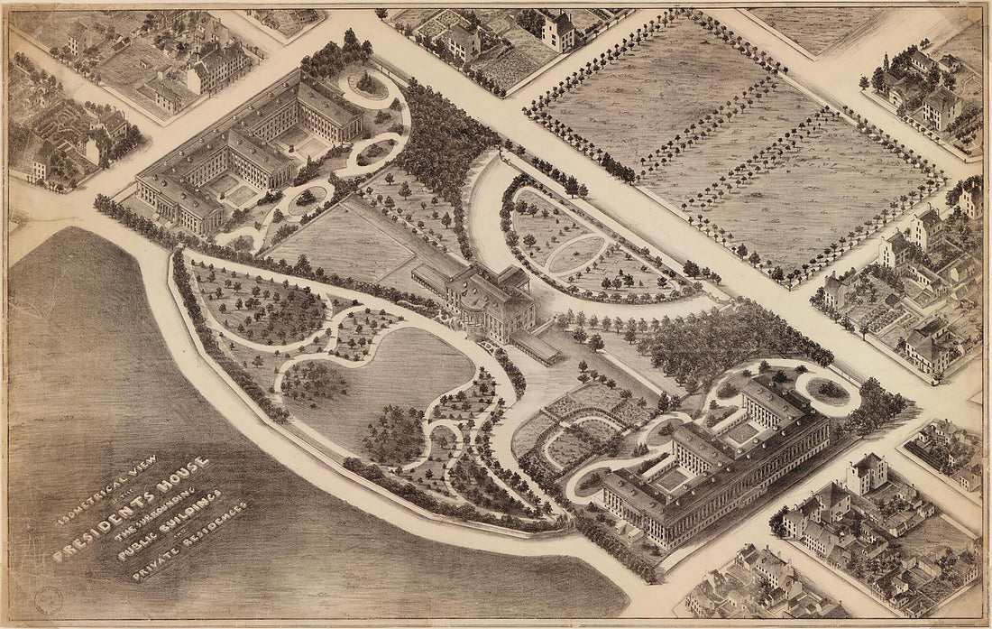 This old map of Isometrical View of the Presidents House, the Surrounding Public Buildings, and Private Residences : Washington D.C. from 1857 was created by in 1857
