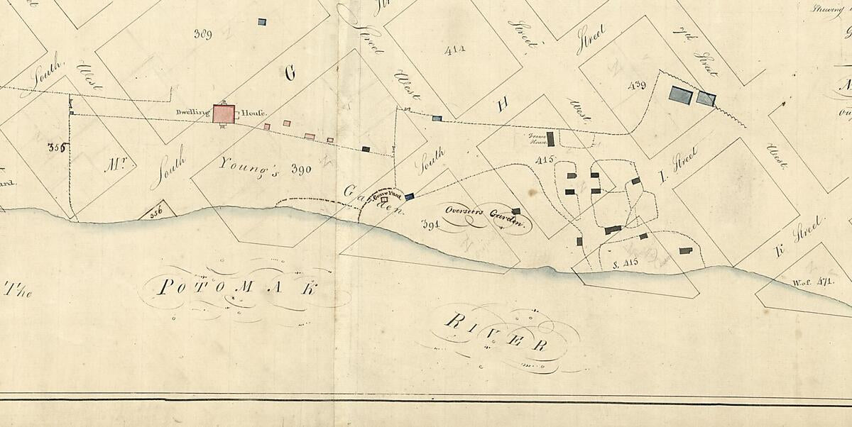 This old map of Map of Part of the City of Washington Shewing the Situation of the Mansion House, Grave Yard & Buildings Belonging to Mr. Notley Young : Original Proprietor of That Part of the City from 1796 was created by N. (Nicholas) King in 1796