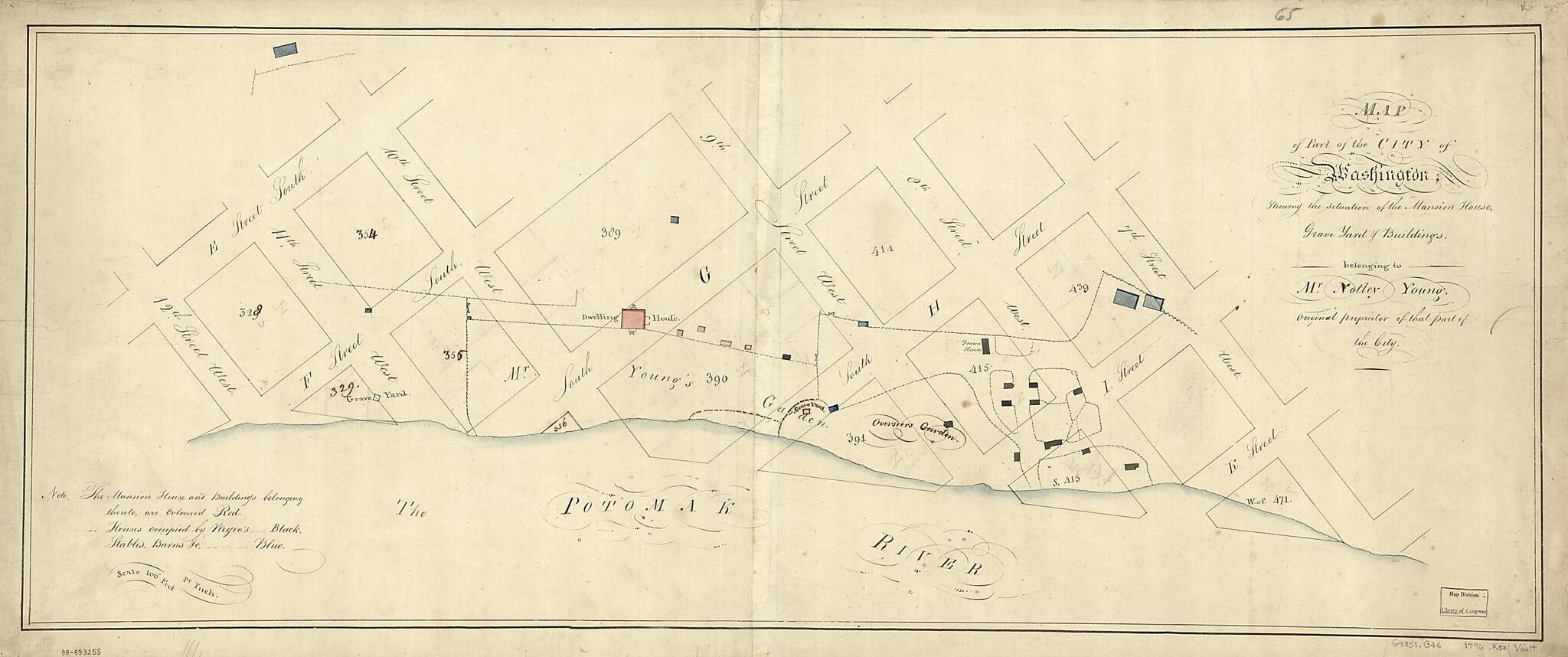 This old map of Map of Part of the City of Washington Shewing the Situation of the Mansion House, Grave Yard & Buildings Belonging to Mr. Notley Young : Original Proprietor of That Part of the City from 1796 was created by N. (Nicholas) King in 1796