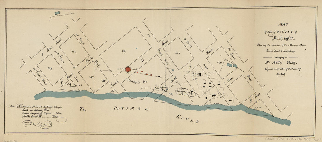 This old map of Map of Part of the City of Washington, Shewing the Situation of the Mansion House, Grave Yard & Buildings, Belonging to Mr. Notley Young : Original Proprietor of That Part of the City from 1796 was created by N. (Nicholas) King in 1796