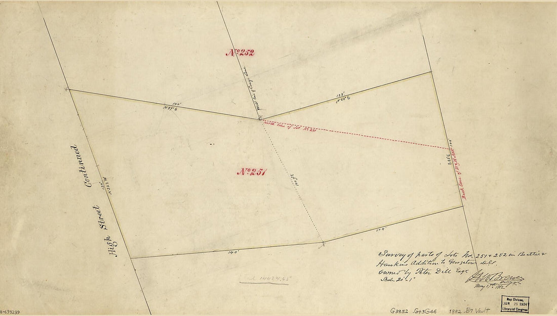 This old map of Survey of Parts of Lots Nos. 251 & 252 In Beattie & Hawkins Addition to Georgetown D.C. : Owned by Peter Dill Esq from 1882 was created by H. W. (Henry W.) Brewer in 1882