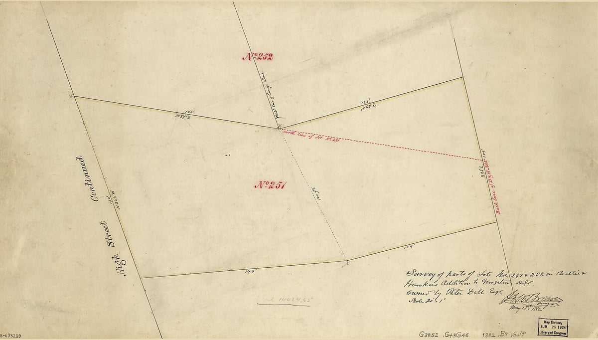 Survey of Parts of Lots Nos. 251 & 252 In Beattie & Hawkins Addition to Georgetown D.C. : Owned by Peter Dill Esq 1882 by Relic Map Company