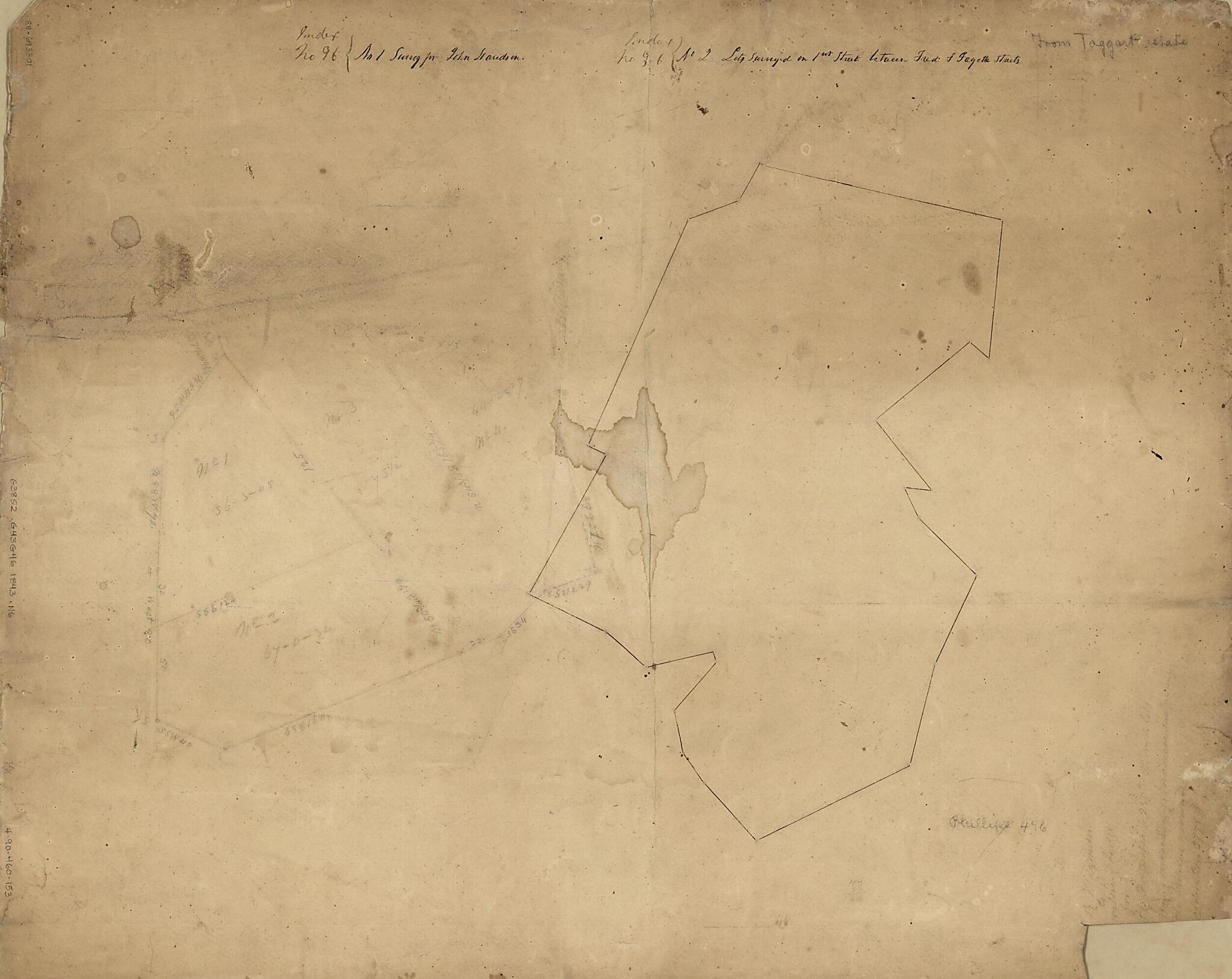 This old map of No. 1. Survey for John Davidson ; No. 2. Lots Surveyed On 1st Street Between Fred. & Fayette Streets : Georgetown, Washington D.C. from 1843 was created by Hugh T. (Hugh Thomas) Taggart in 1843