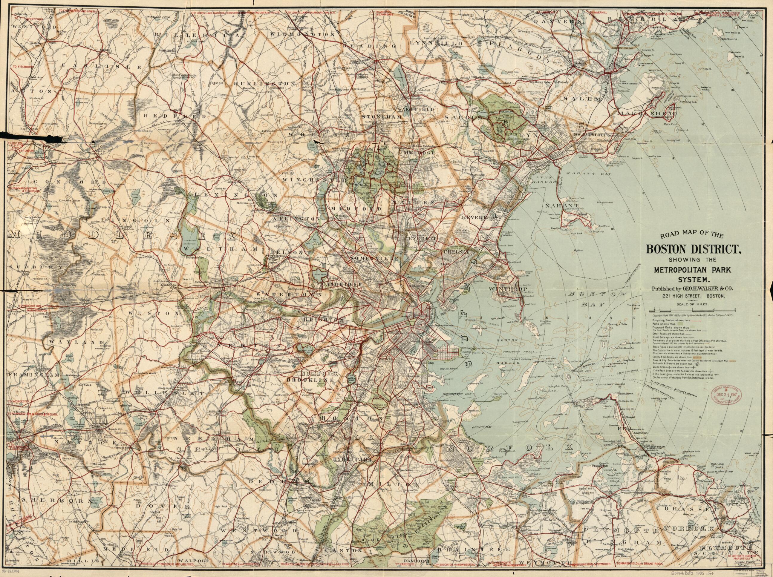 This old map of Road Map of the Boston District Showing the Metropolitan Park System from 1905 was created by Geo. H. Walker & Co in 1905