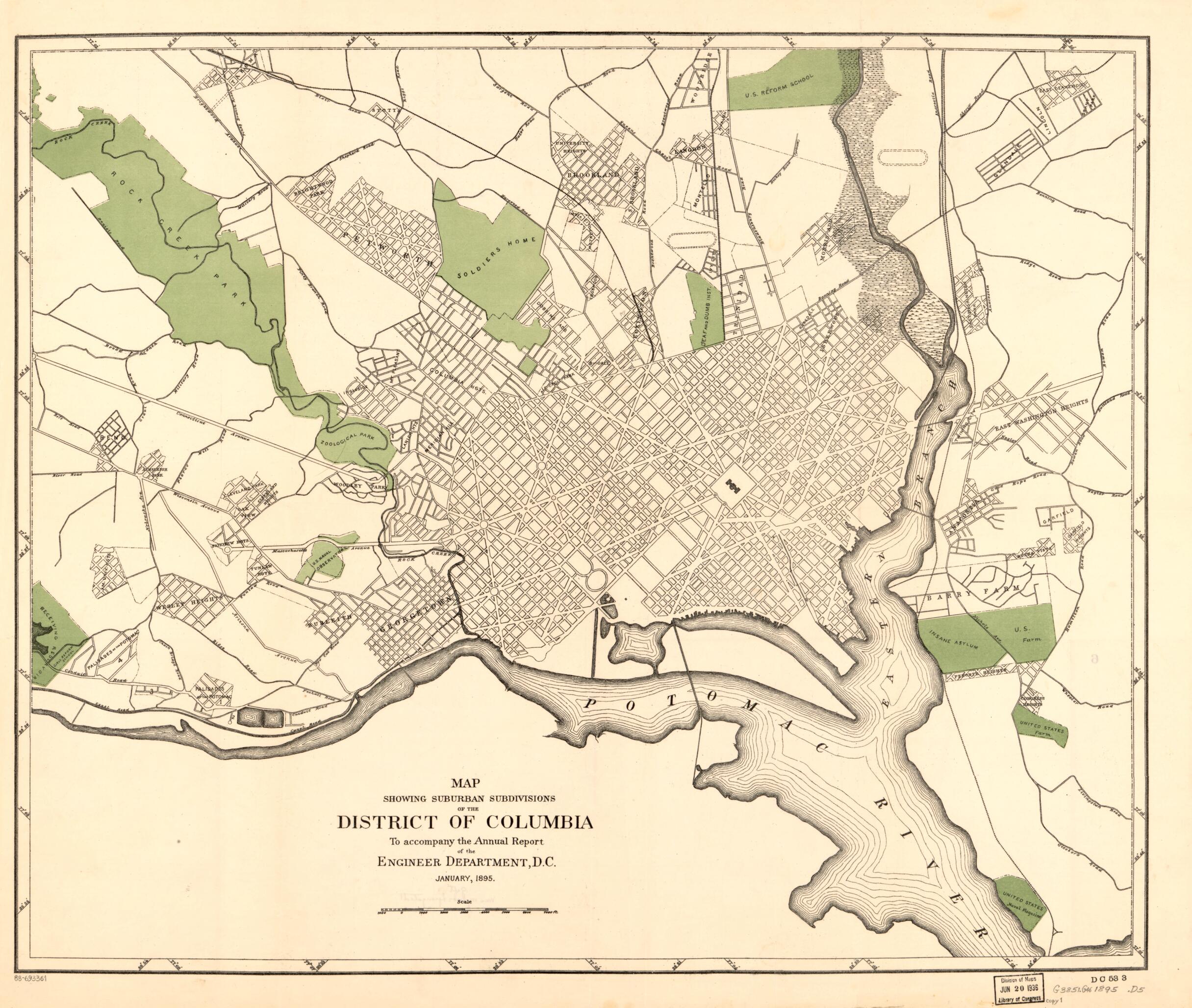 This old map of Map Showing Suburban Subdivisions of the District of Columbia from 1895 was created by District of Columbia. Engineer Department in 1895