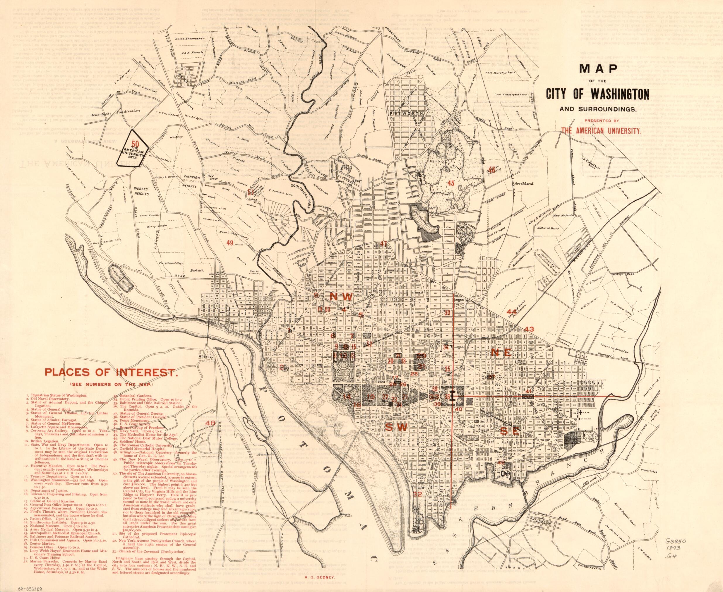 This old map of Map of the City of Washington and Surroundings from 1893 was created by D.C.) American University (Washington, A. G. Gedney in 1893