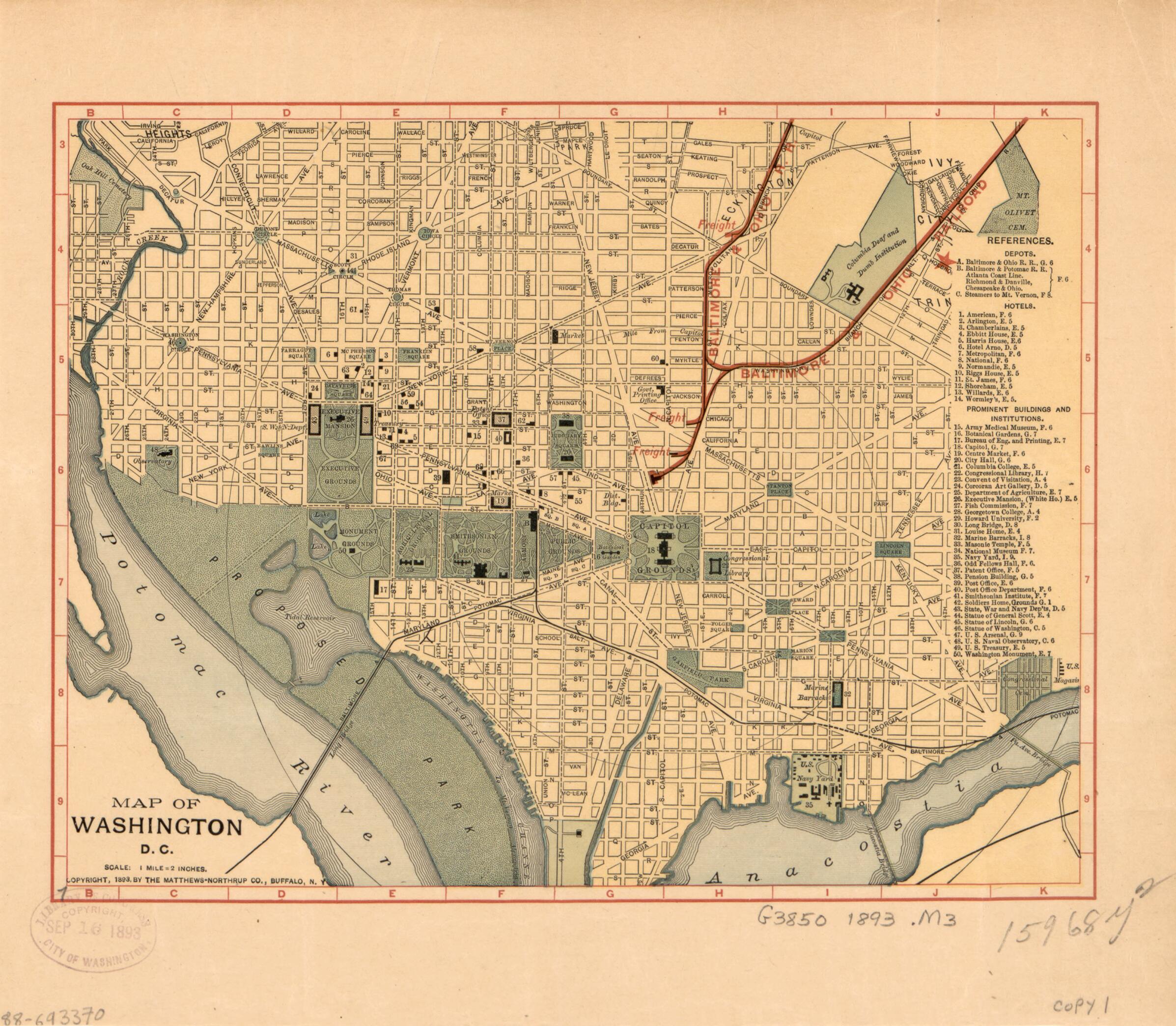 This old map of Map of Washington, D.C from 1893 was created by Baltimore and Ohio Railroad Company, Northrup Company in 1893