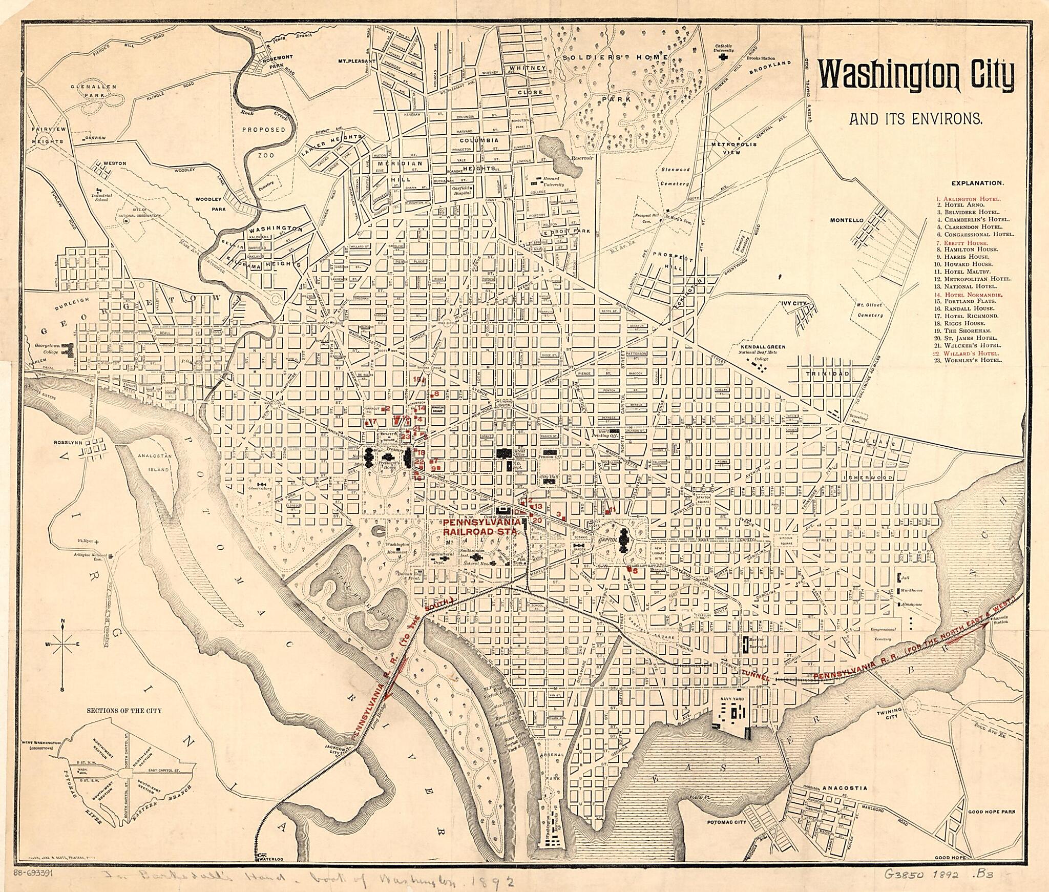 This old map of Washington City and Its Environs from 1892 was created by Lane & Scott Allen, Frank N. Barksdall in 1892