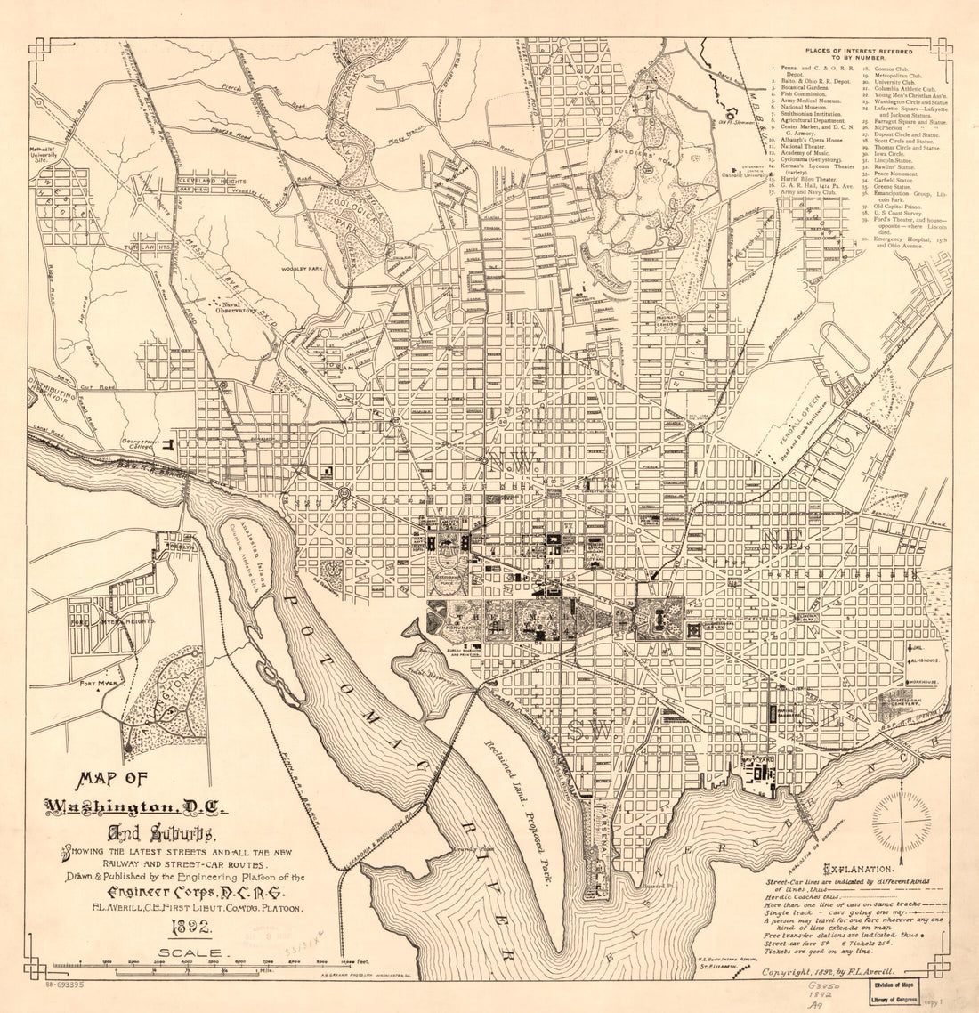 This old map of Car Routes from 1892 was created by F. L. (Frank L.) Averill, District of Columbia National Guard. Engineering Platoon in 1892