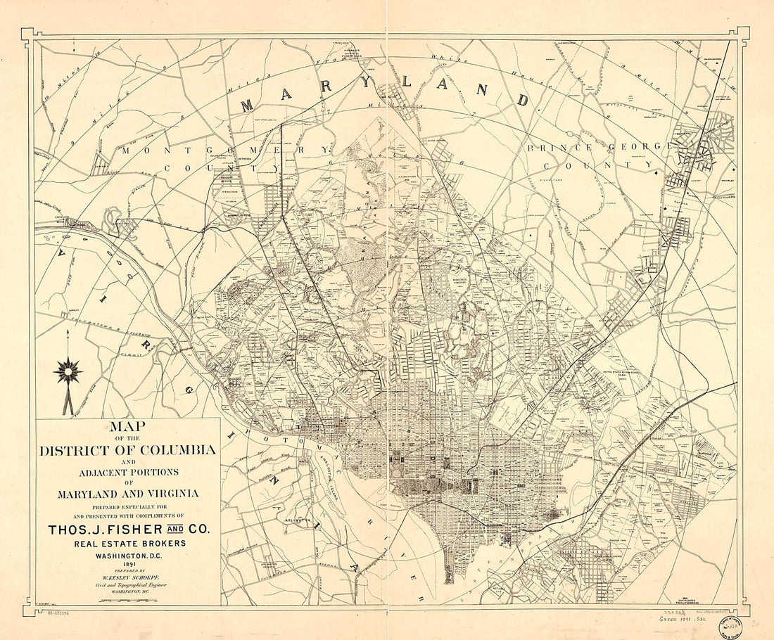 This old map of Map of the District of Columbia and Adjacent Portions of Maryland and Virginia from 1891 was created by E. H. Berry, W. Kesley Schoepf, Thos. J. Fisher and Co in 1891