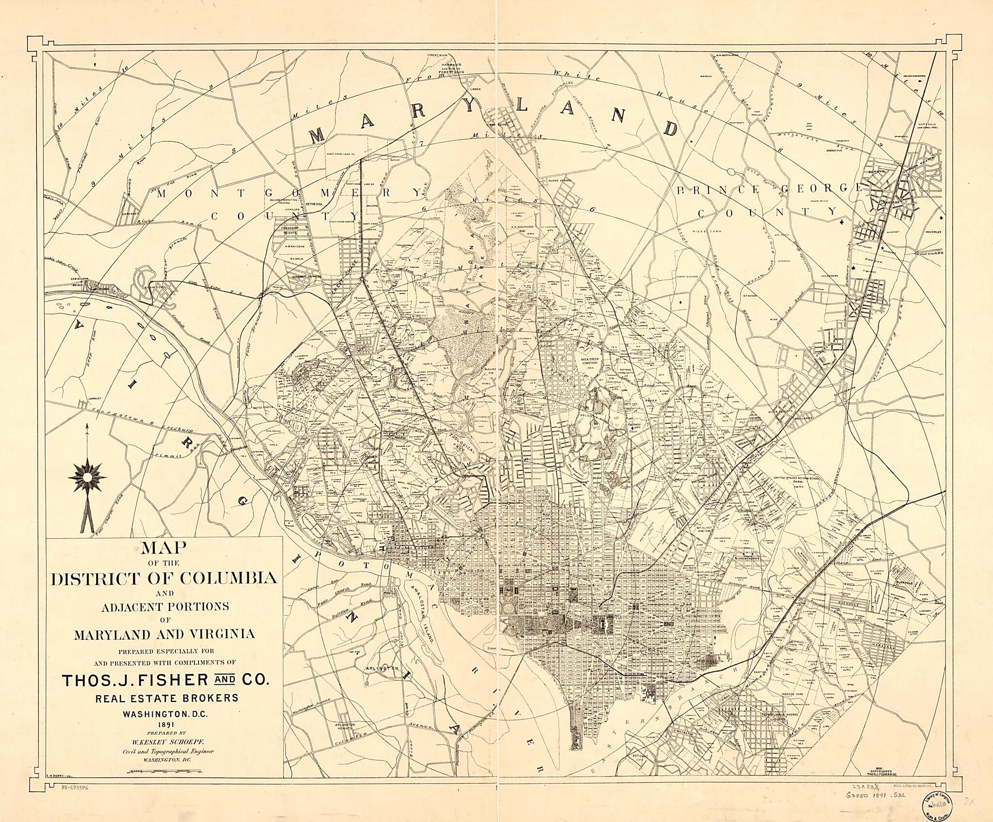 This old map of Map of the District of Columbia and Adjacent Portions of Maryland and Virginia from 1891 was created by E. H. Berry, W. Kesley Schoepf, Thos. J. Fisher and Co in 1891