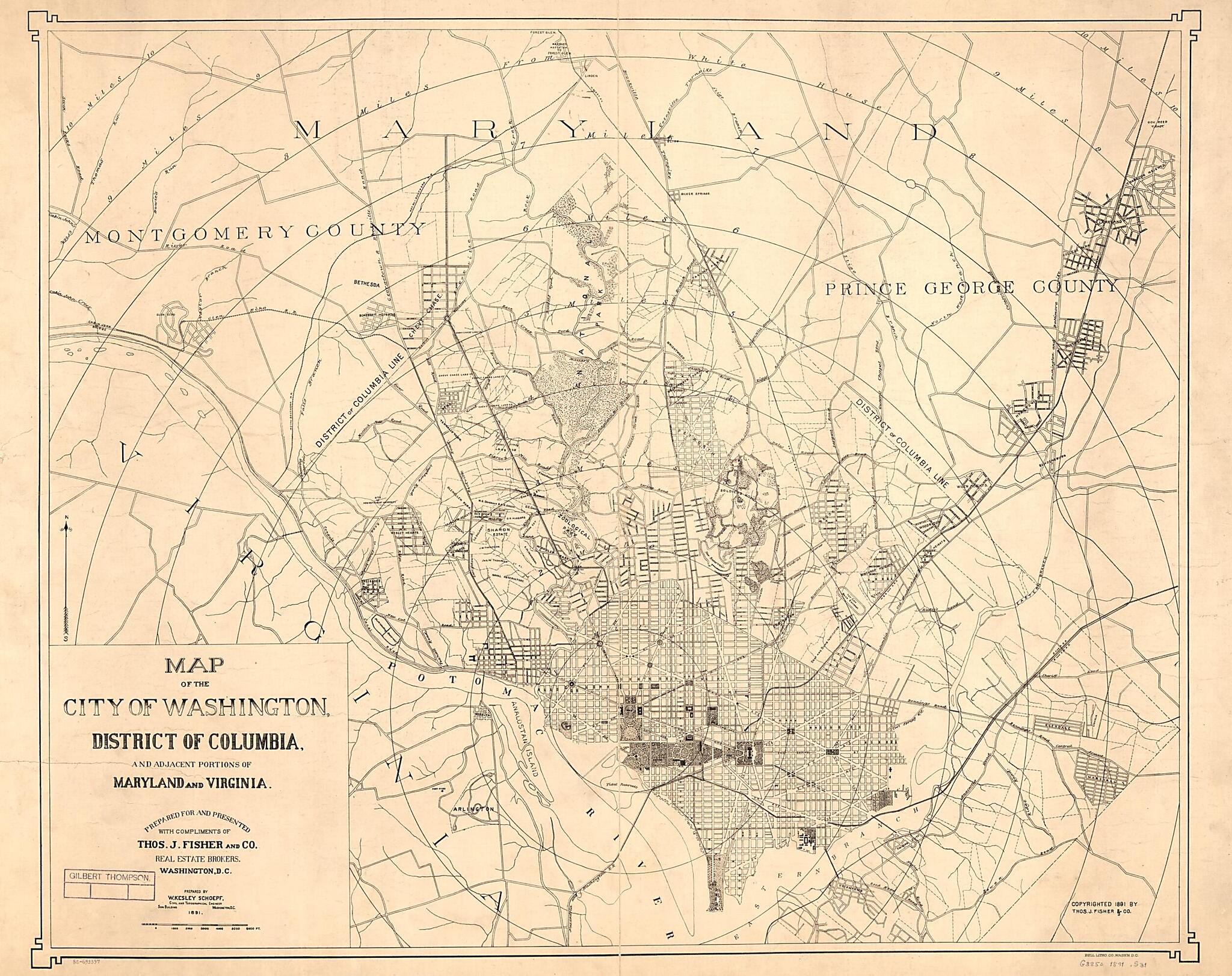This old map of Map of the City of Washington, District of Columbia, and Adjacent Portions of Maryland and Virginia from 1891 was created by W. Kesley Schoepf, Thos. J. Fisher and Co in 1891