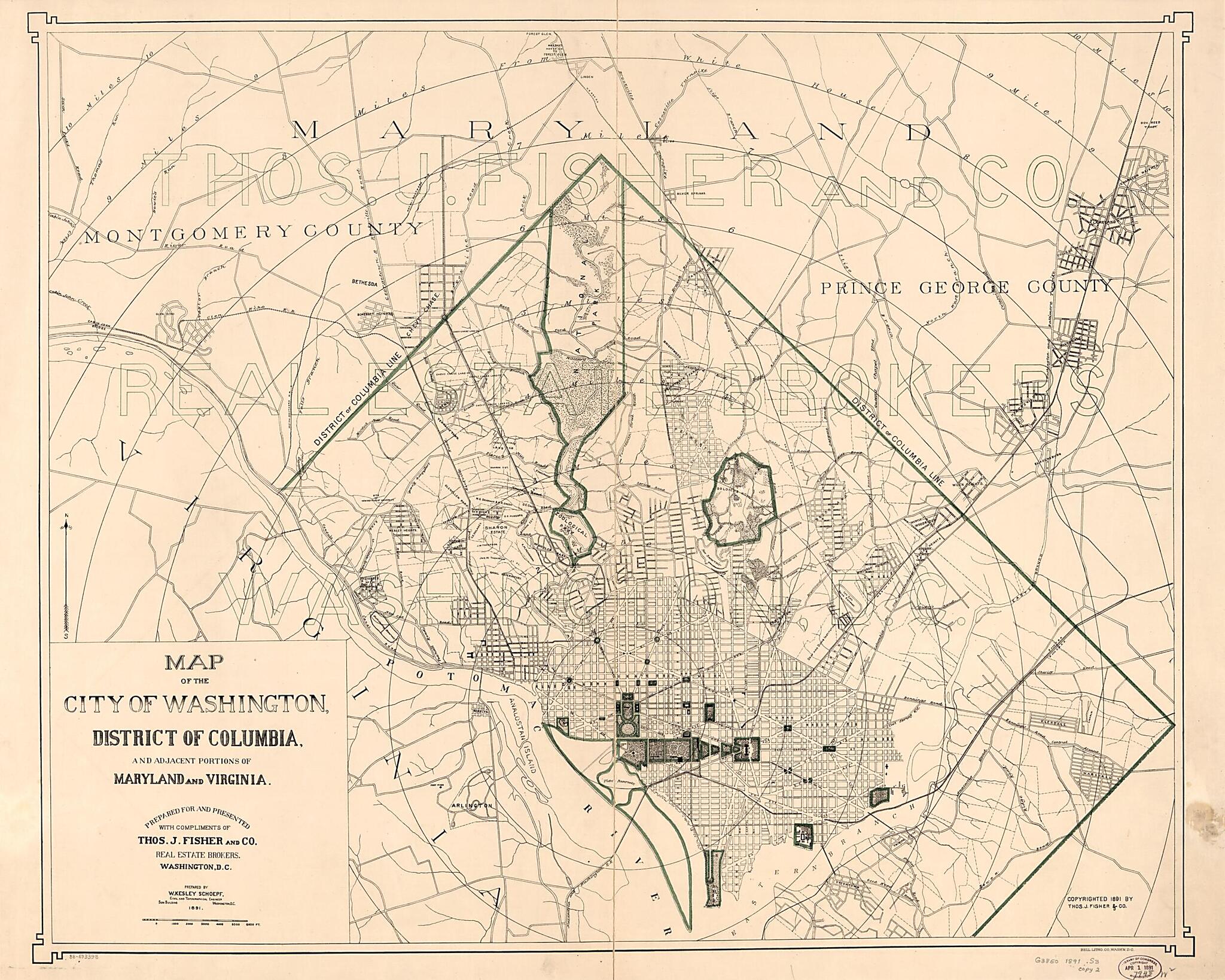 This old map of Map of the City of Washington, District of Columbia, and Adjacent Portions of Maryland and Virginia from 1891 was created by W. Kesley Schoepf, Thos. J. Fisher and Co in 1891