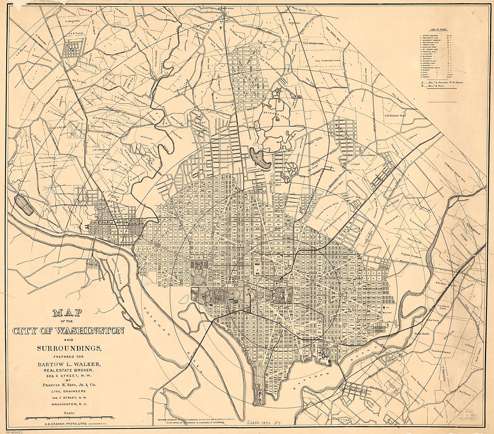 This old map of Map of the City of Washington and Surroundings from 1890 was created by Francis R. Fava, Jr. Francis R. Fava, Bartow L. Walker in 1890