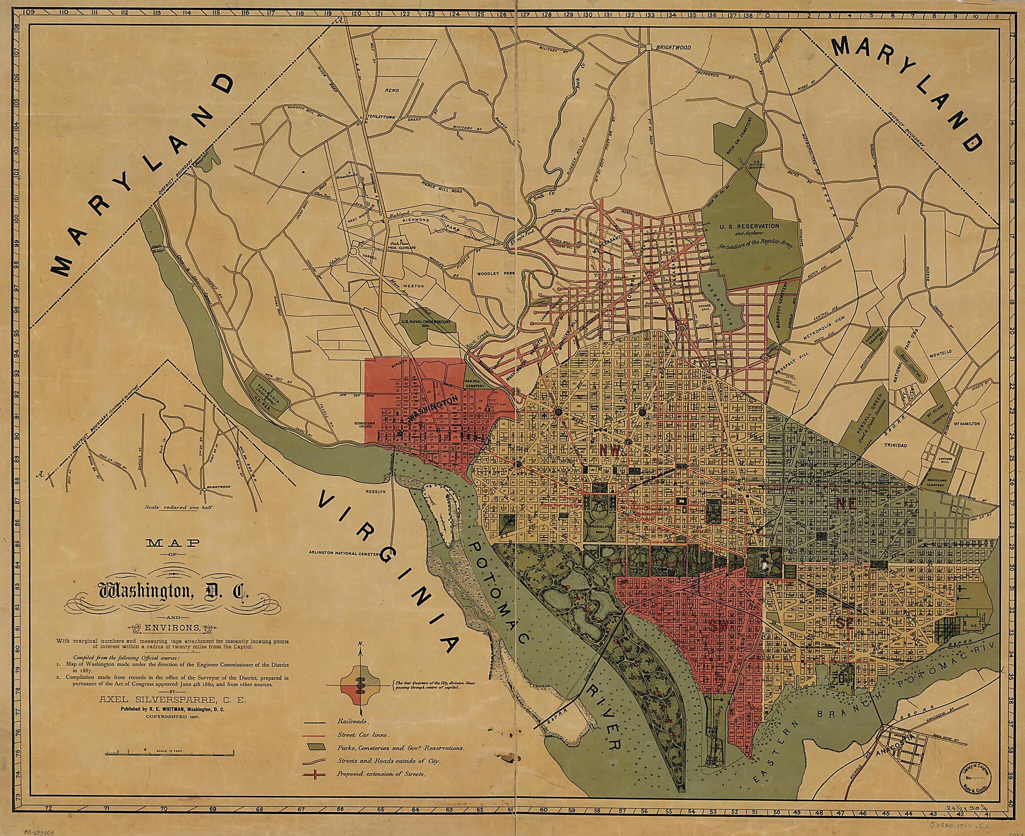 This old map of Map of Washington, D.C., and Environs : With Marginal Numbers and Measuring Tape Attachment for Instantly Locating Points of Interest Within a Radius of Twenty Miles from the Capitol from 1887 was created by Axel Silversparre, R. E. Whitm