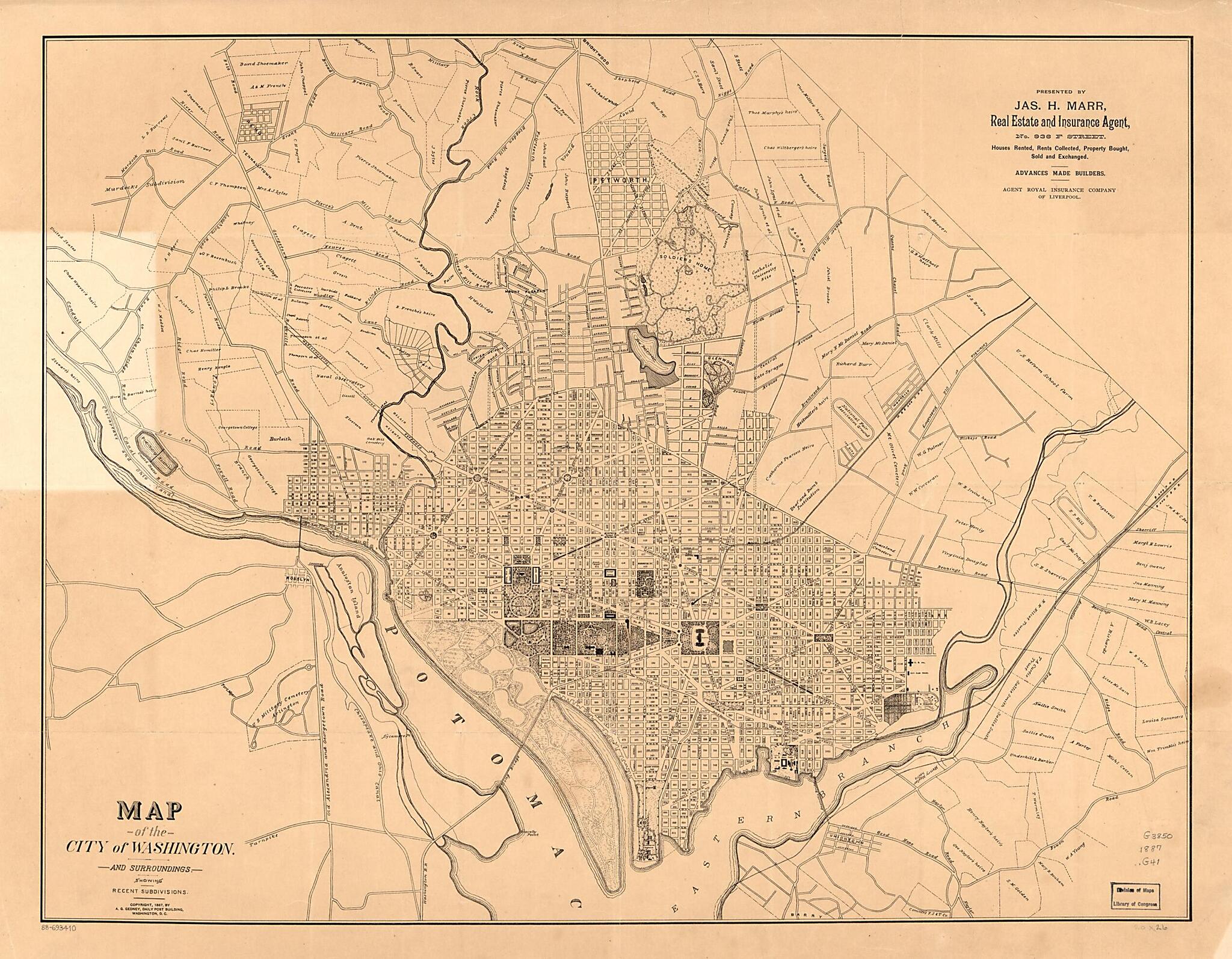 This old map of Map of the City of Washington and Surrounding Showing Recent Subdivisions from 1887 was created by A. G. Gedney, Jas. H. (James H.) Marr in 1887