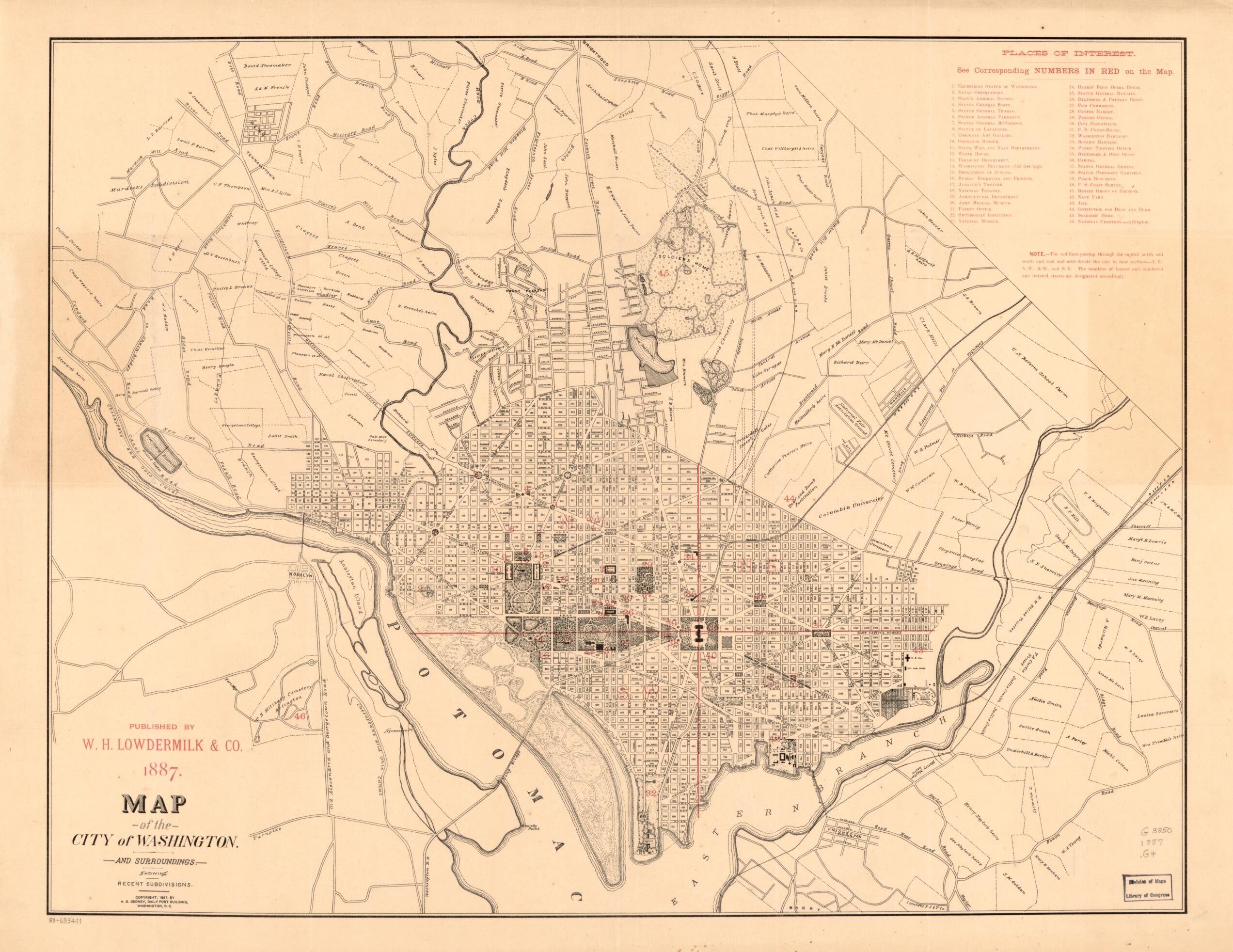 This old map of Map of the City of Washington and Surroundings Showing Recent Subdivisions from 1887 was created by A. G. Gedney, W.H. Lowdermilk & Co in 1887