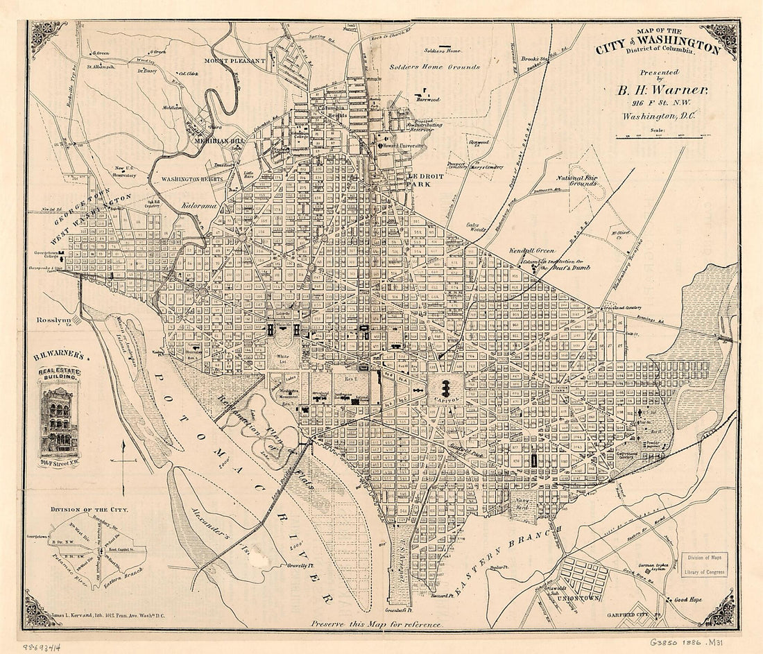 This old map of Map of the City of Washington, District of Columbia from 1886 was created by B. H. (Brainard Henry) Warner in 1886