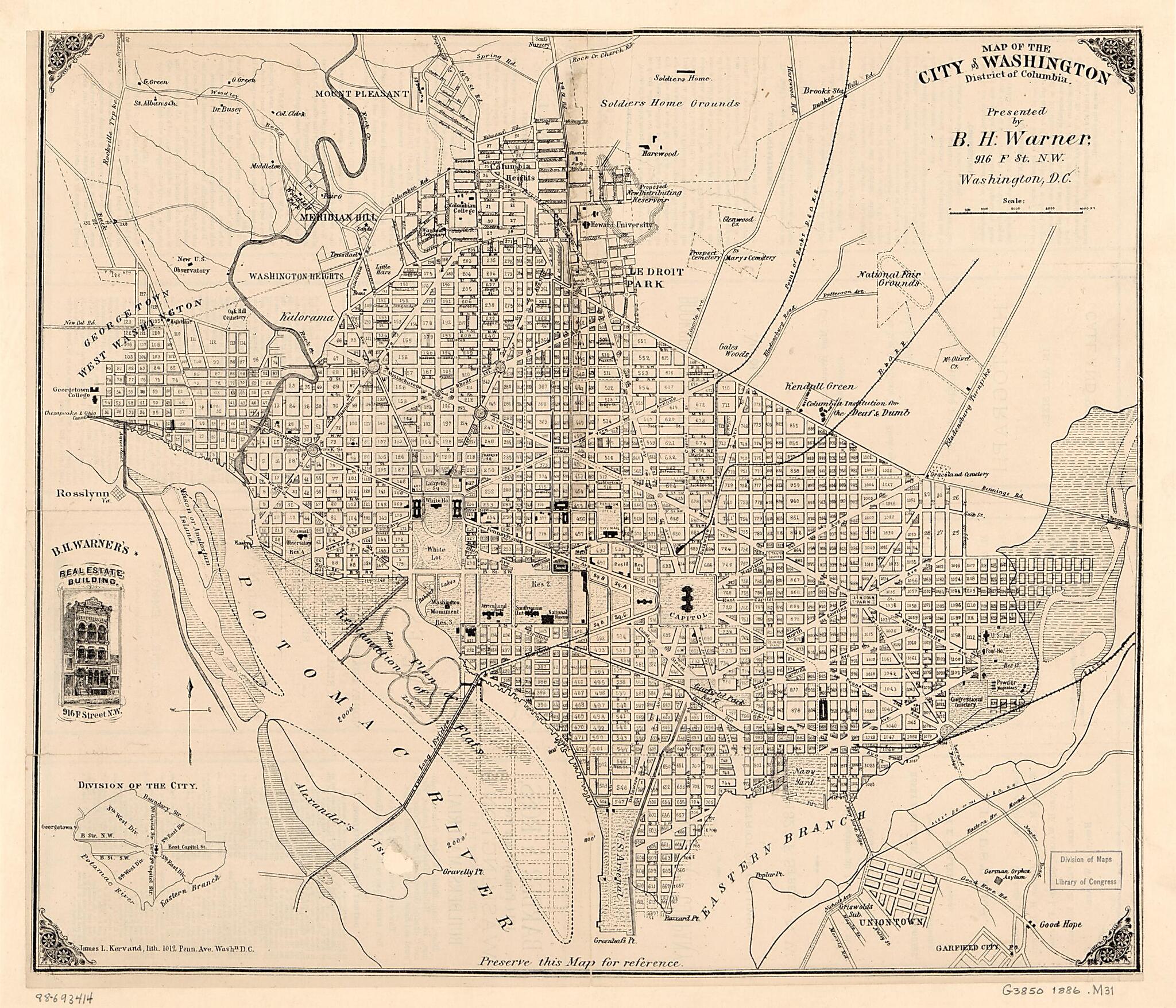 This old map of Map of the City of Washington, District of Columbia from 1886 was created by B. H. (Brainard Henry) Warner in 1886