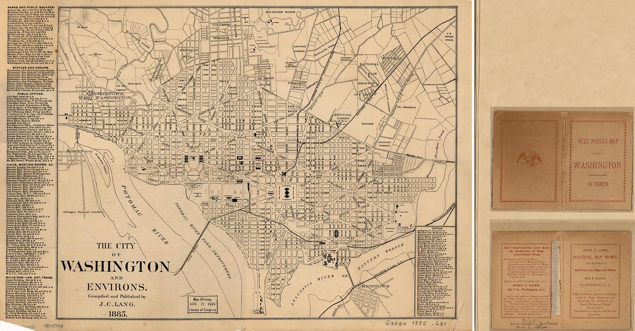 This old map of The City of Washington and Environs from 1885 was created by John C. Lang in 1885