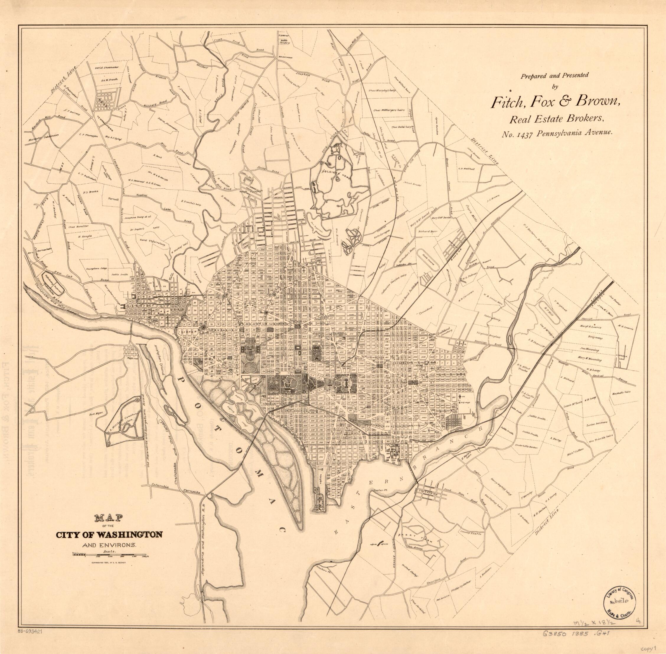 This old map of Map of the City of Washington and Environs from 1885 was created by Fox & Brown Fitch, A. G. Gedney in 1885