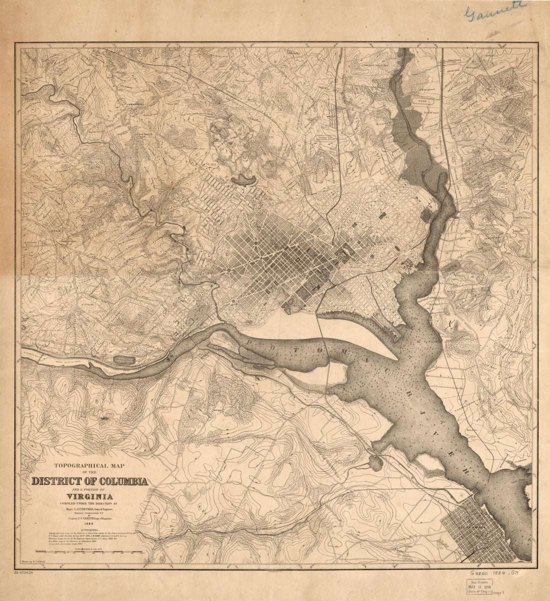 This old map of Topographical Map of the District of Columbia and a Portion of Virginia from 1884 was created by William T. O. Bruff, F. V. (Francis Vinton) Greene, G. J. (Garrett J.) Lydecker, Office of the Engineer Commissioner D.C., United States. A