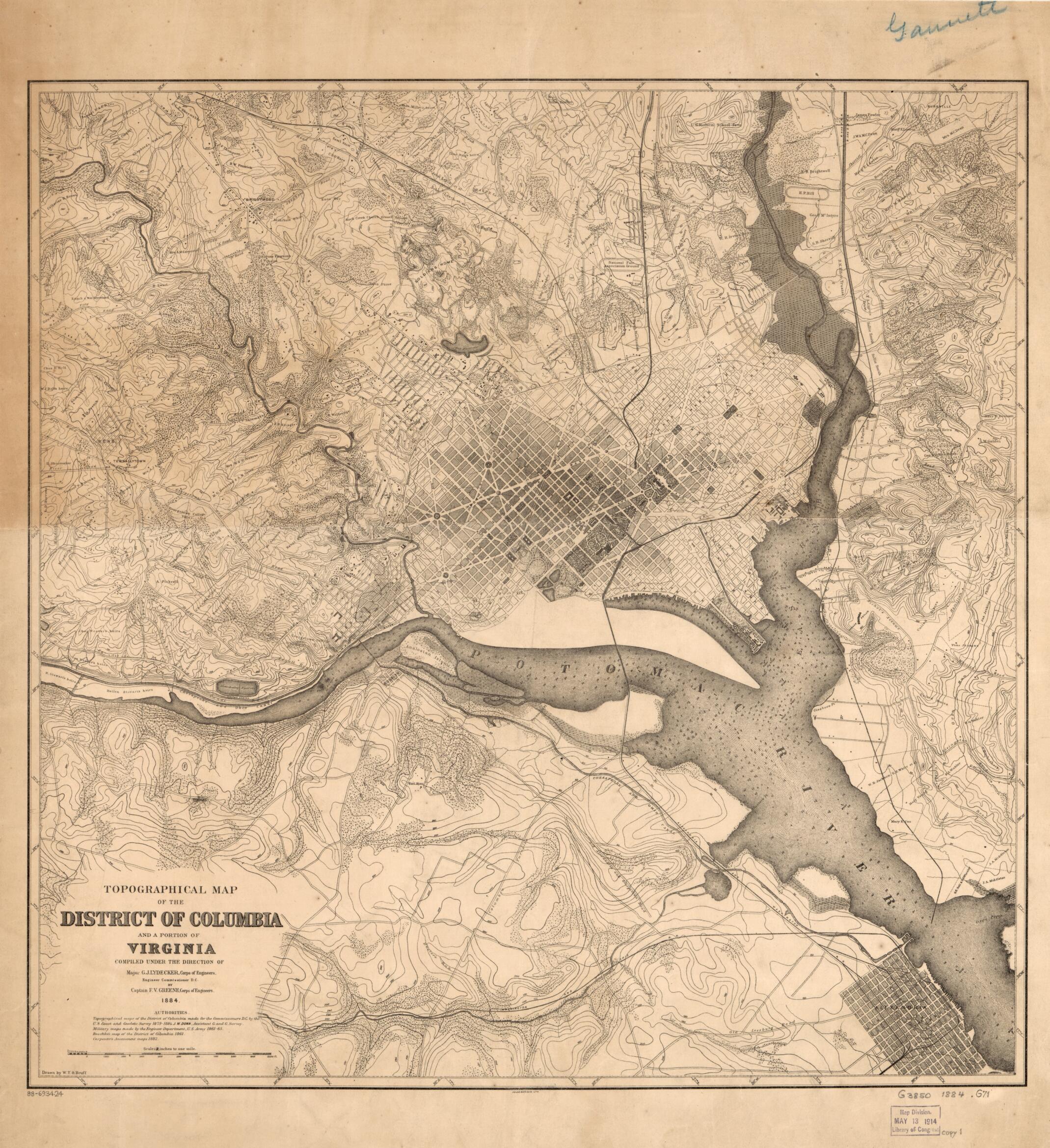 This old map of Topographical Map of the District of Columbia and a Portion of Virginia from 1884 was created by William T. O. Bruff, F. V. (Francis Vinton) Greene, G. J. (Garrett J.) Lydecker, Office of the Engineer Commissioner D.C., United States. A