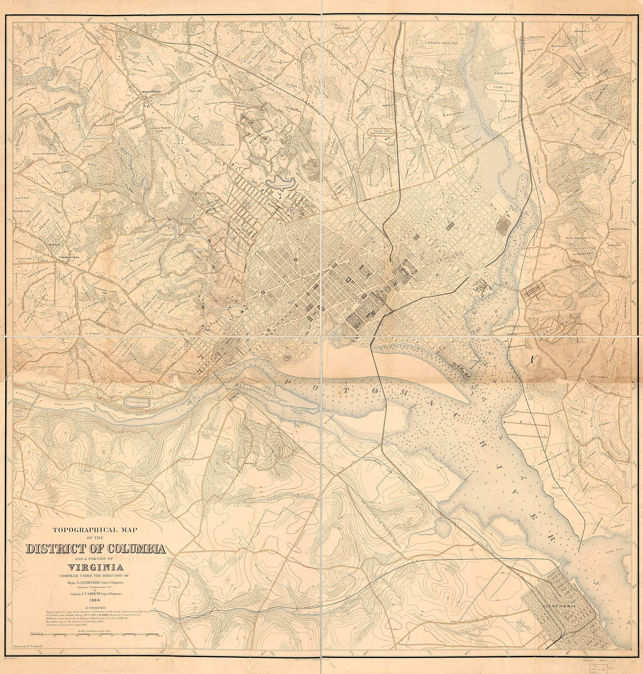 This old map of Topographical Map of the District of Columbia and a Portion of Virginia from 1884 was created by William T. O. Bruff, F. V. (Francis Vinton) Greene, G. J. (Garrett J.) Lydecker, Office of the Engineer Commissioner D.C., United States. A