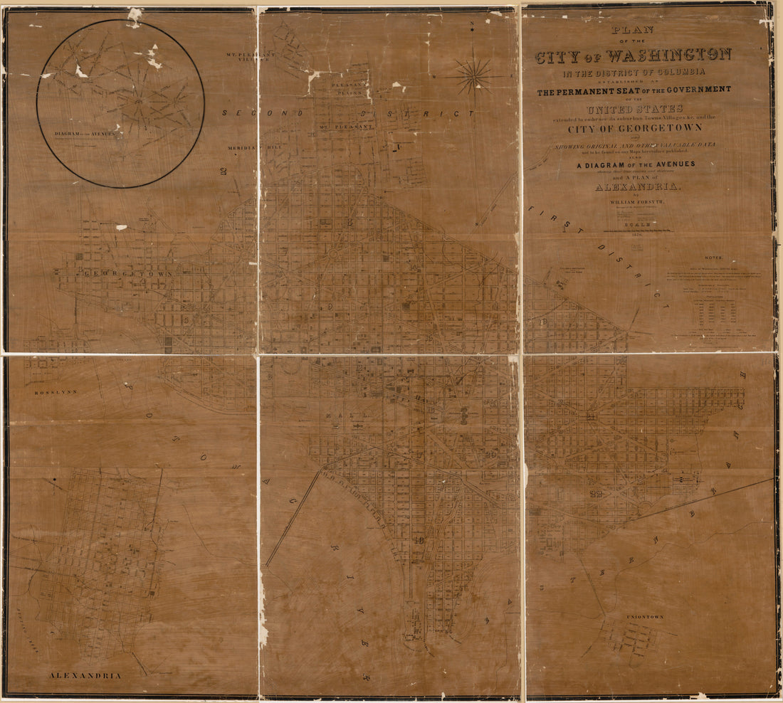 This old map of Plan of the City of Washington In the District of Columbia : Established As the Permanent Seat of the Government of the United States, Extended to Embrace Its Suburban Towns, Villages, &c. and the City of Georgetown and Showing Original a