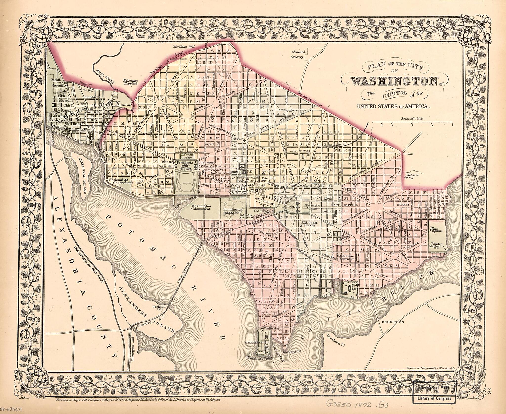 This old map of Plan of the City of Washington : the Capitol sic of the United States of America from 1872 was created by W. H. (William H.) Gamble, S. Augustus (Samuel Augustus) Mitchell in 1872