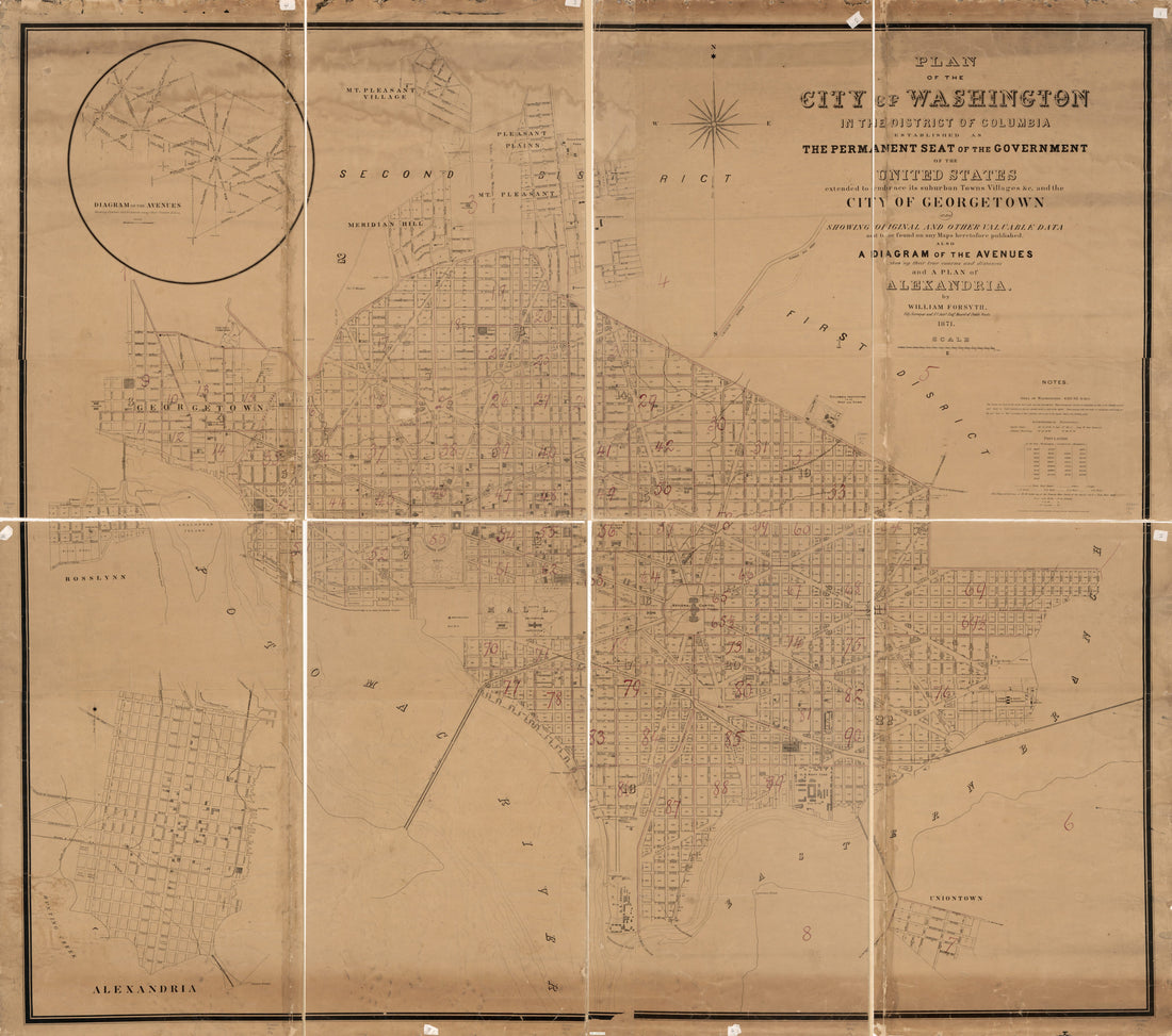 This old map of Plan of the City of Washington In the District of Columbia : Established As the Permanent Seat of the Government of the United States, Extended to Embrace Its Suburban Towns, Villages, &c. and the City of Georgetown and Showing Original a