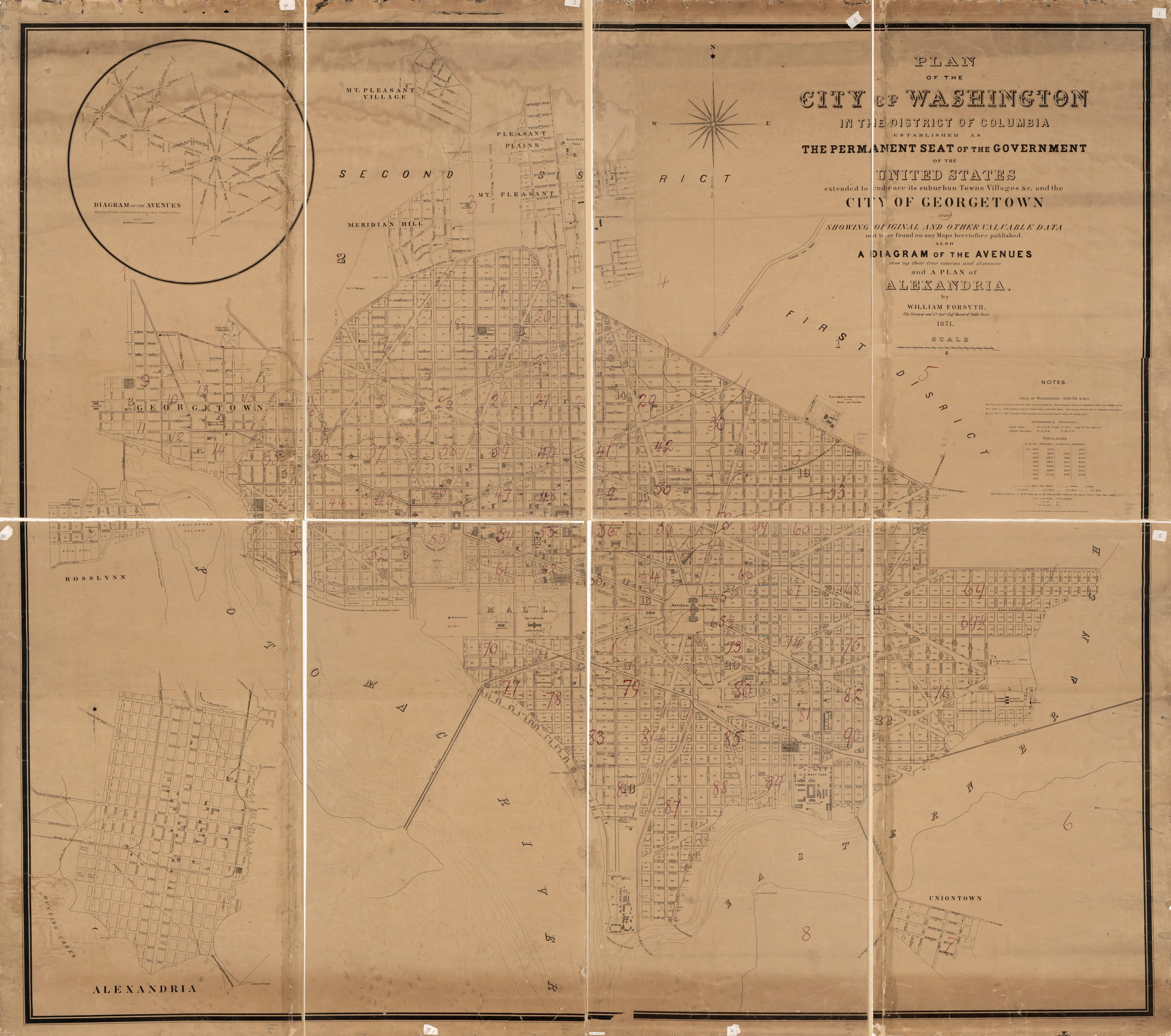 This old map of Plan of the City of Washington In the District of Columbia : Established As the Permanent Seat of the Government of the United States, Extended to Embrace Its Suburban Towns, Villages, &c. and the City of Georgetown and Showing Original a