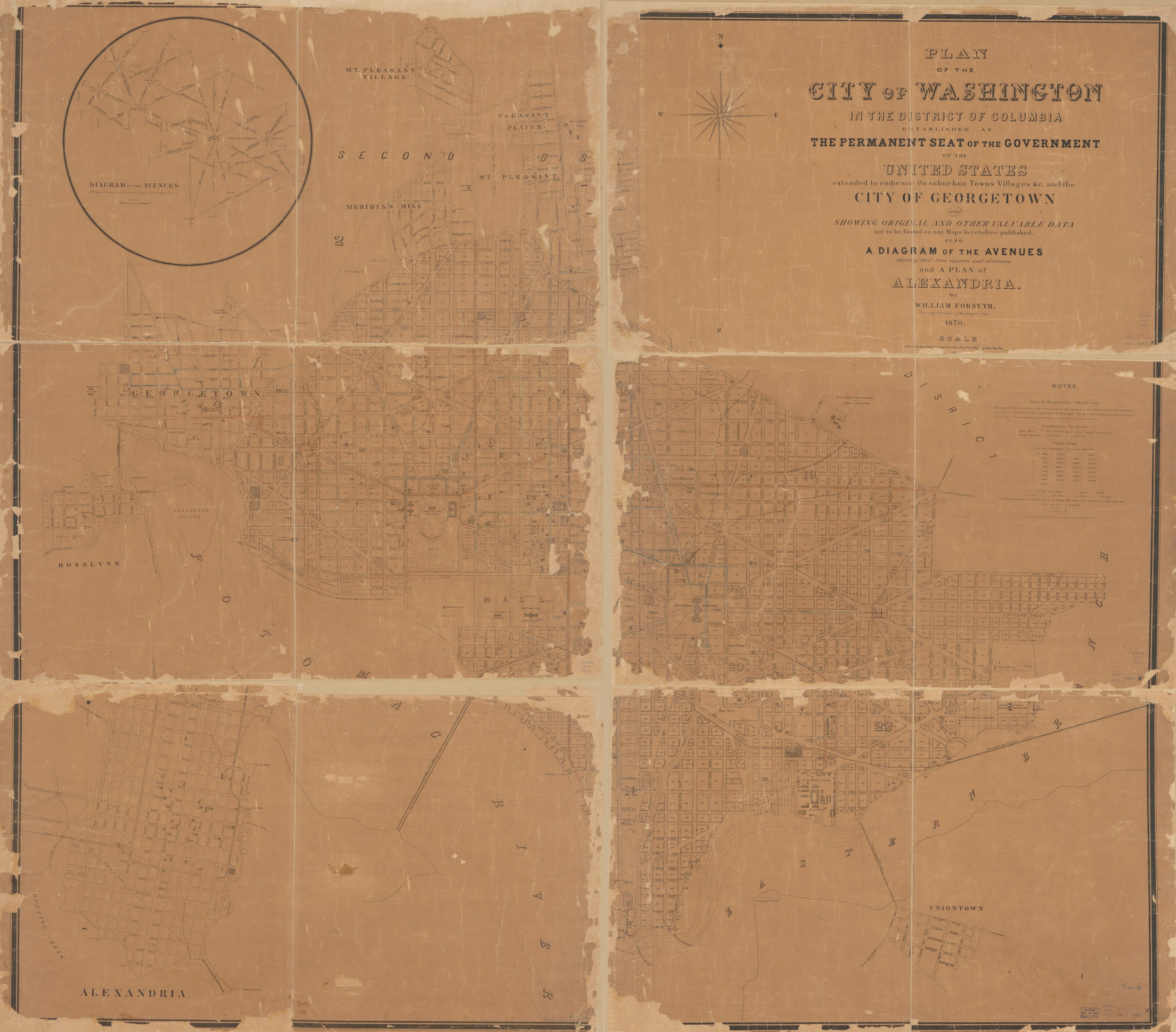 This old map of Plan of the City of Washington In the District of Columbia : Established As the Permanent Seat of the Government of the United States, Extended to Embrace Its Suburban Towns, Villages, &c. and the City of Georgetown and Showing Original a