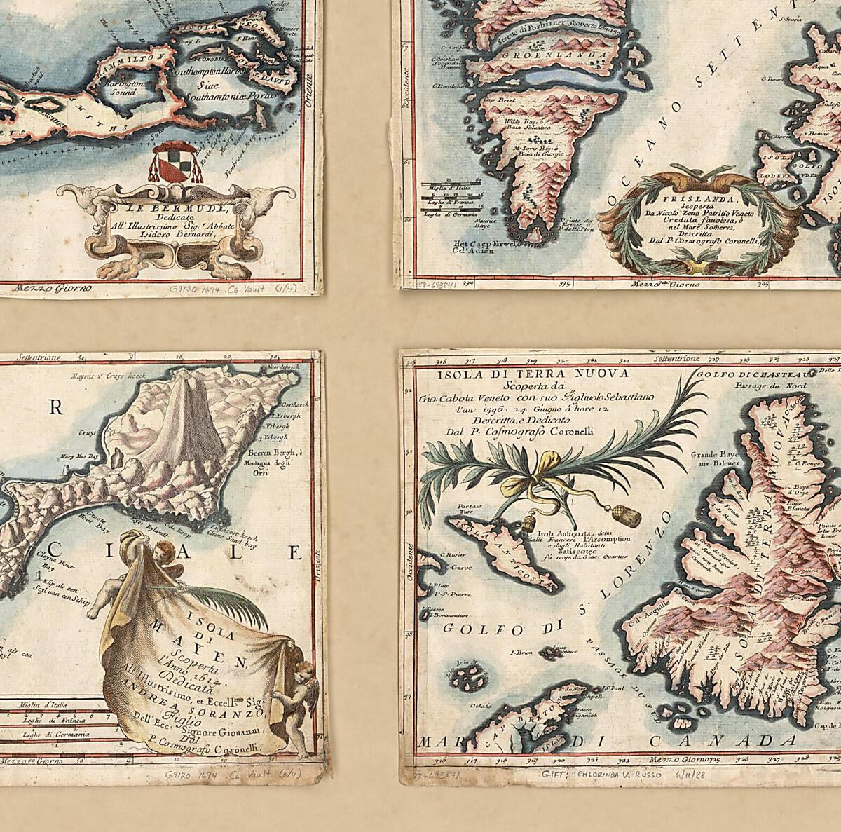 This old map of Maps of Bermuda, Iceland, Jan Mayen Island, and Newfoundland from 1692 was created by Vincenzo Coronelli in 1692