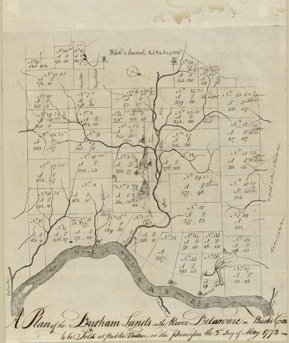 This old map of A Plan of the Durham Lands On the River Delaware In Bucks County : to Be Sold at Public Vendue On the Premisses the 3rd Day of May from 1773 was created by in 1773
