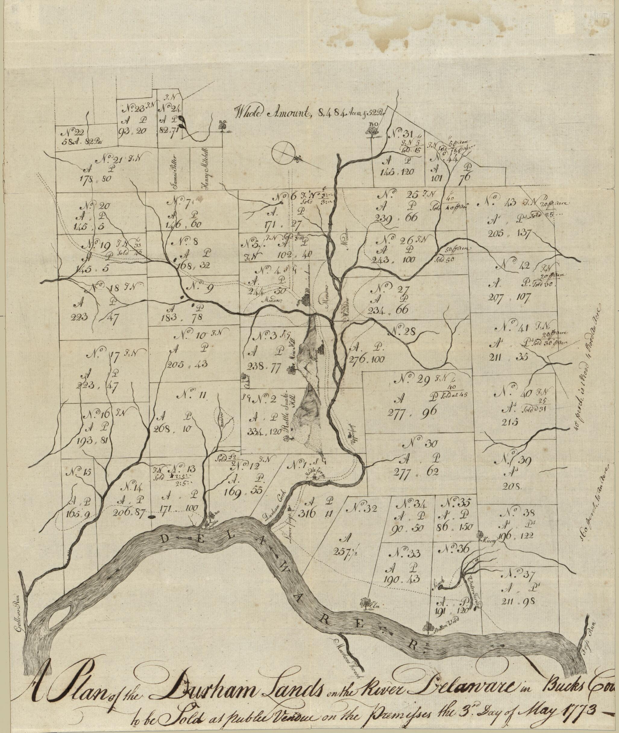 This old map of A Plan of the Durham Lands On the River Delaware In Bucks County : to Be Sold at Public Vendue On the Premisses the 3rd Day of May from 1773 was created by in 1773