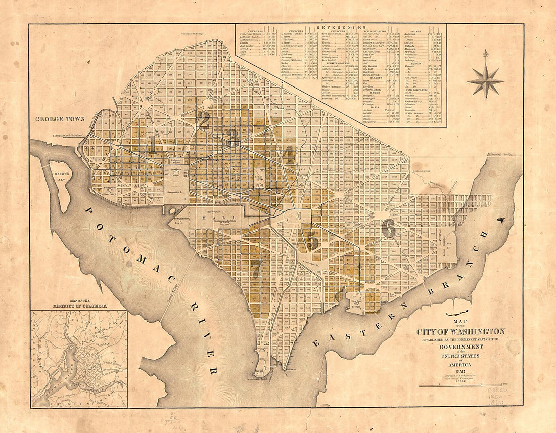 This old map of Map of the City of Washington : Established As the Permanent Seat of the Government of the United States of America from 1850 was created by D. McClelland in 1850