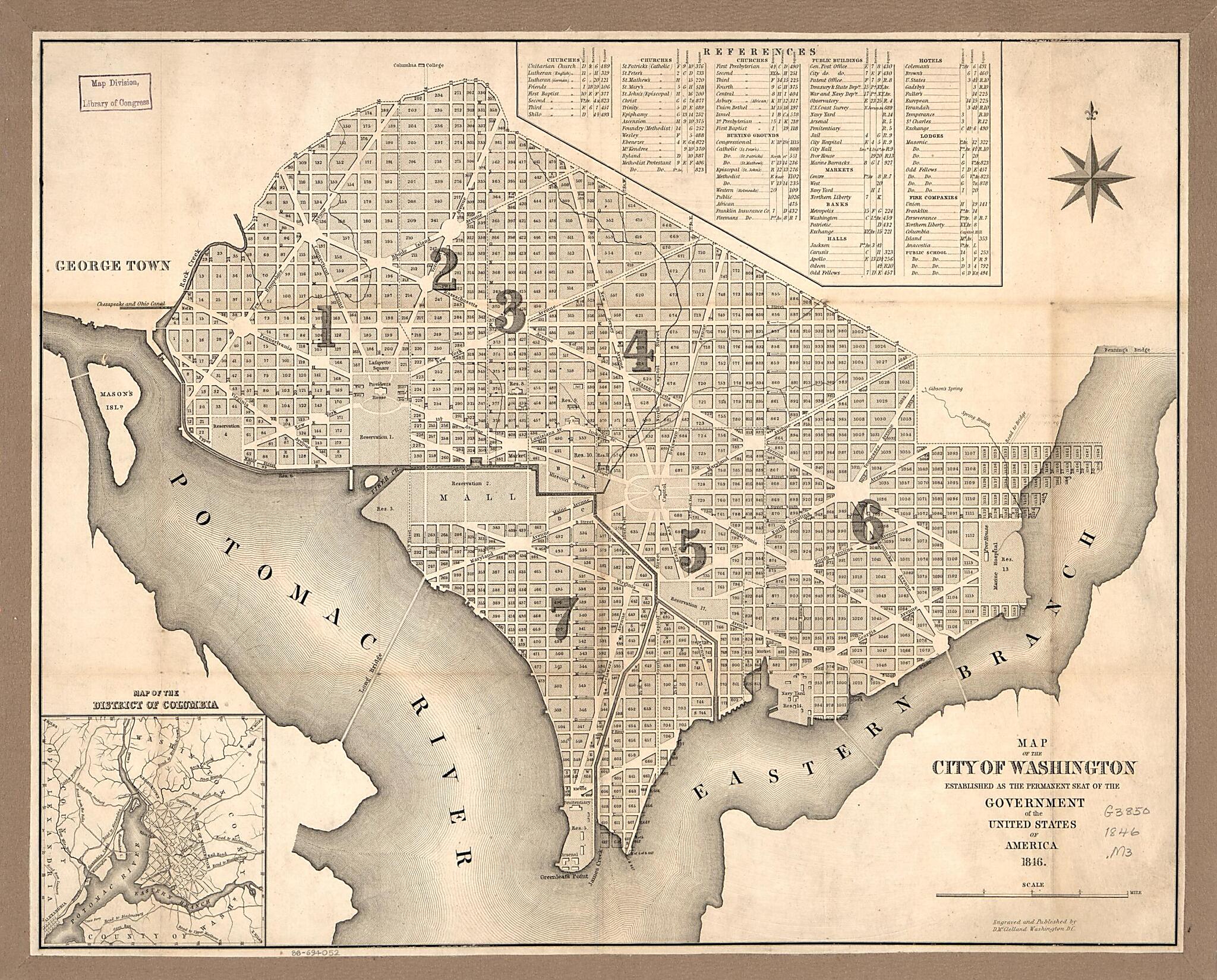 This old map of Map of the City of Washington : Established As the Permanent Seat of the Government of the United States of America from 1846 was created by D. McClelland in 1846
