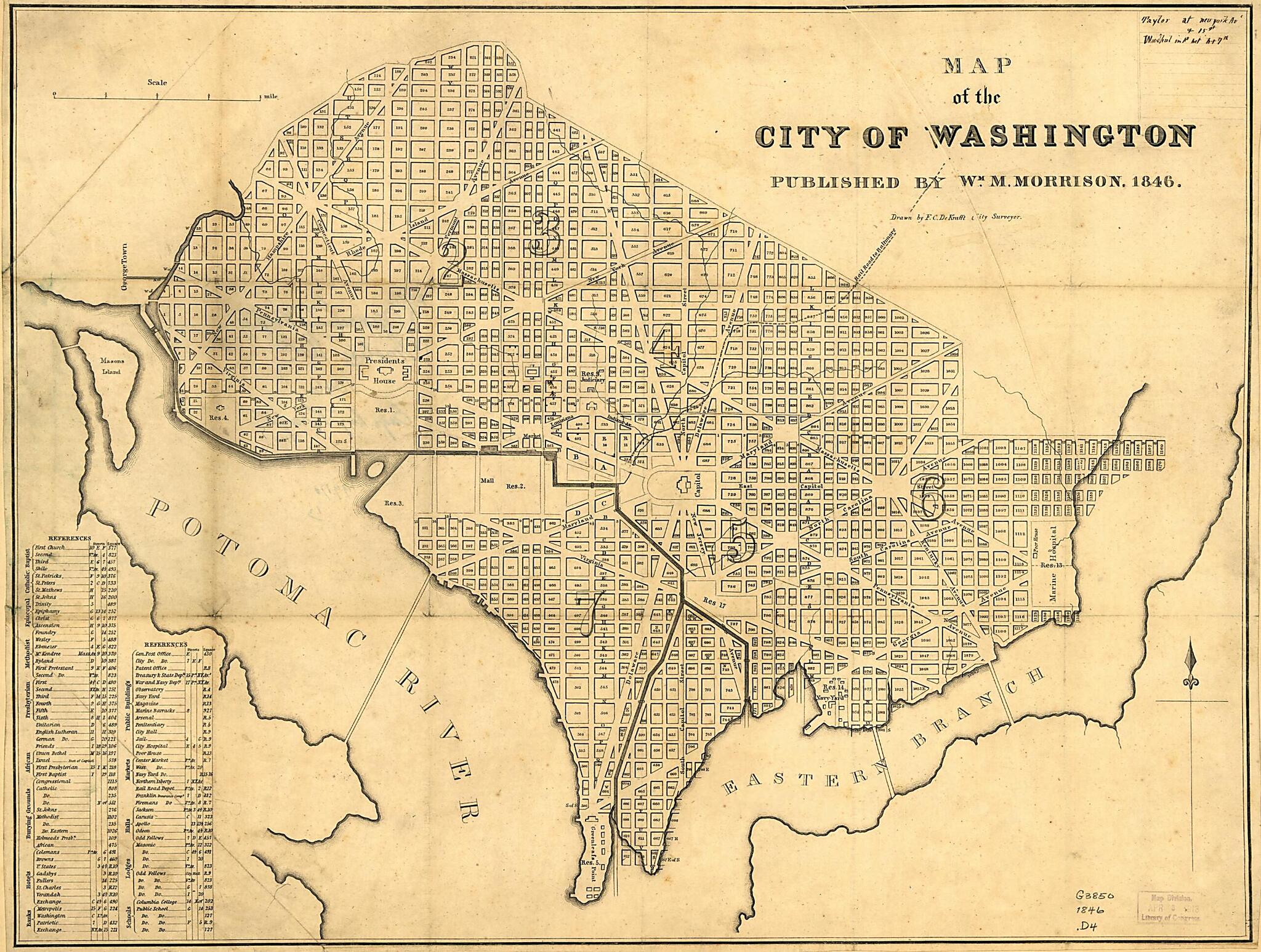 This old map of Map of the City of Washington from 1846 was created by F. C. De Krafft, William M. Morrison in 1846